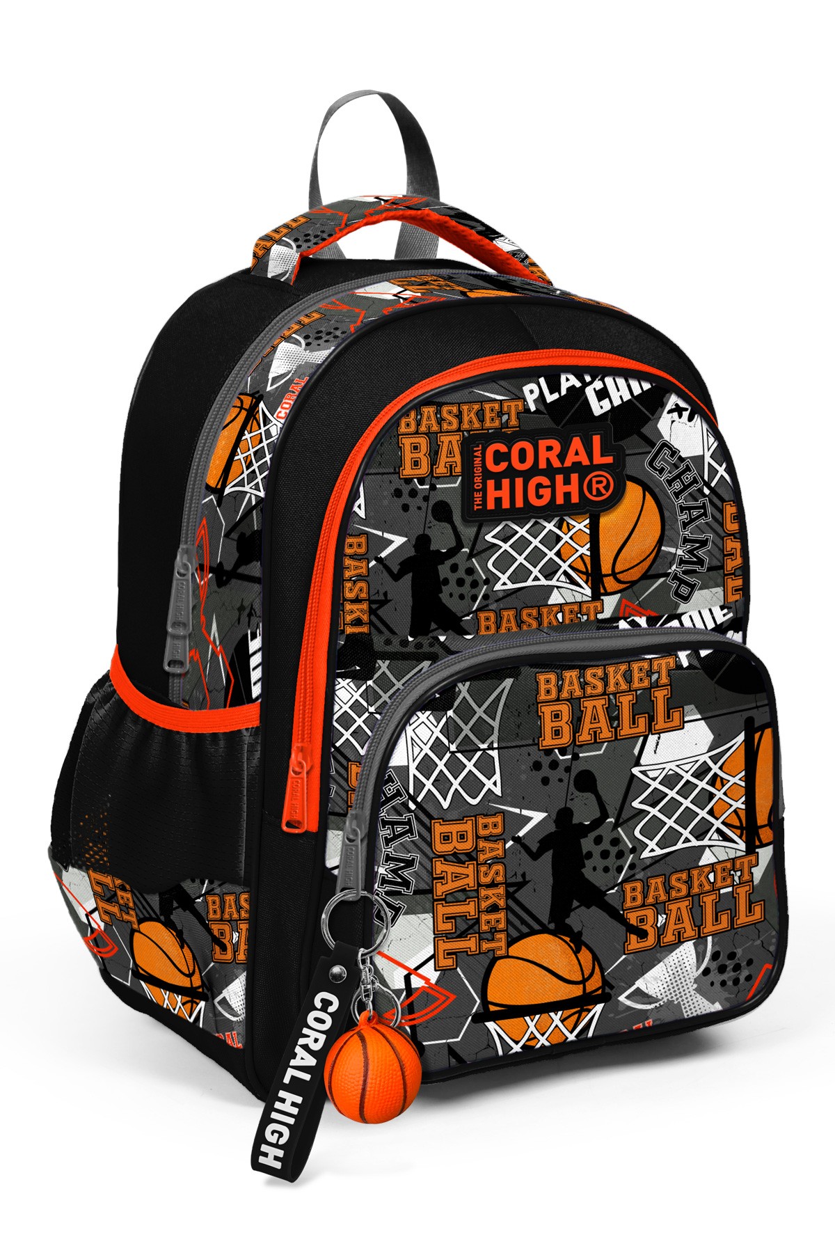 Coral High Kids Siyah Gri Basketbol Desenli Üç Bölmeli Okul Sırt Çantası 14418