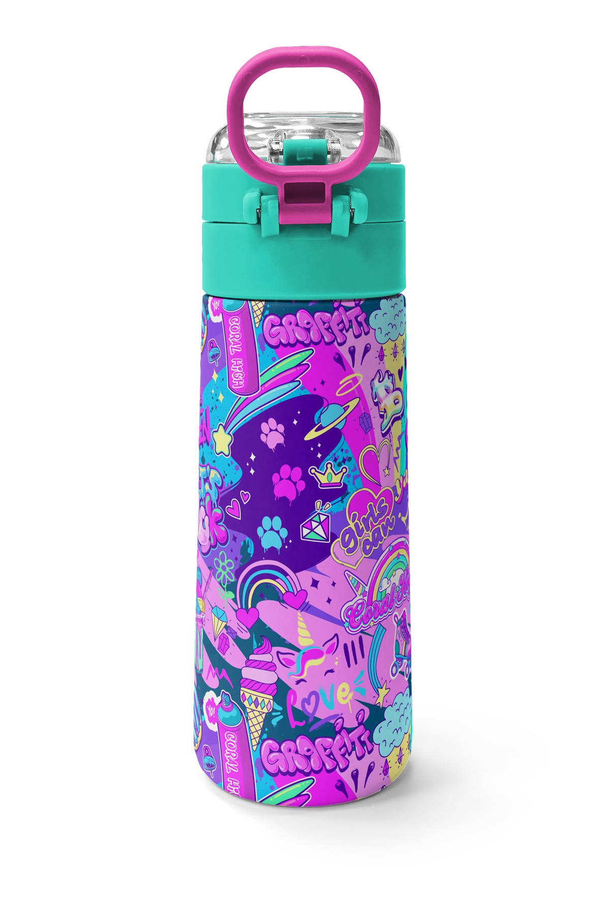 Coral High Kids Pembe Mor Voleybol Desenli Pipetli ve Direkt İçim Çelik Termos 500 ml 31962