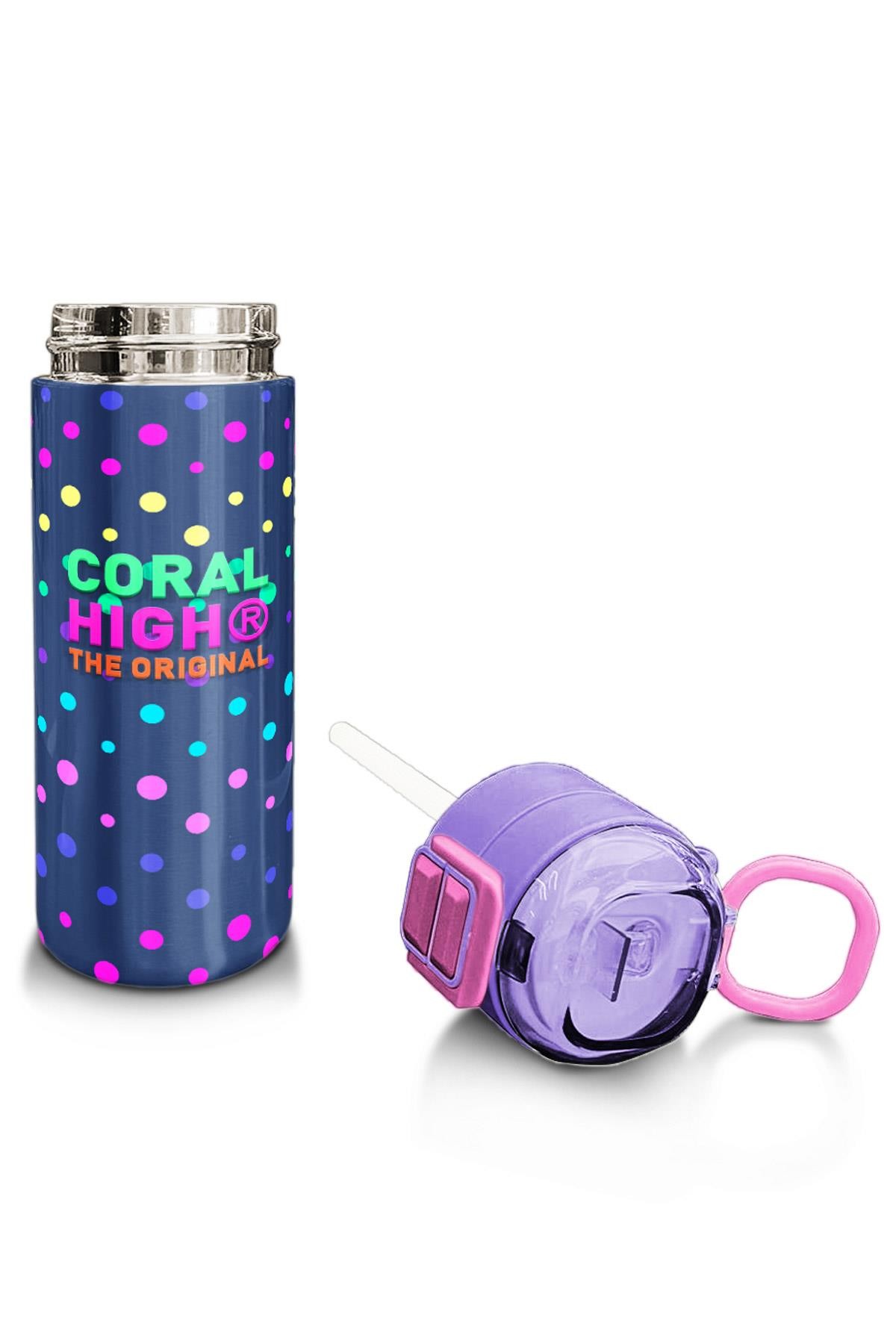 Coral High Kids Lacivert Puantiyeli Desenli Pipetli ve Direkt İçim Çelik Termos 500 ml 31872
