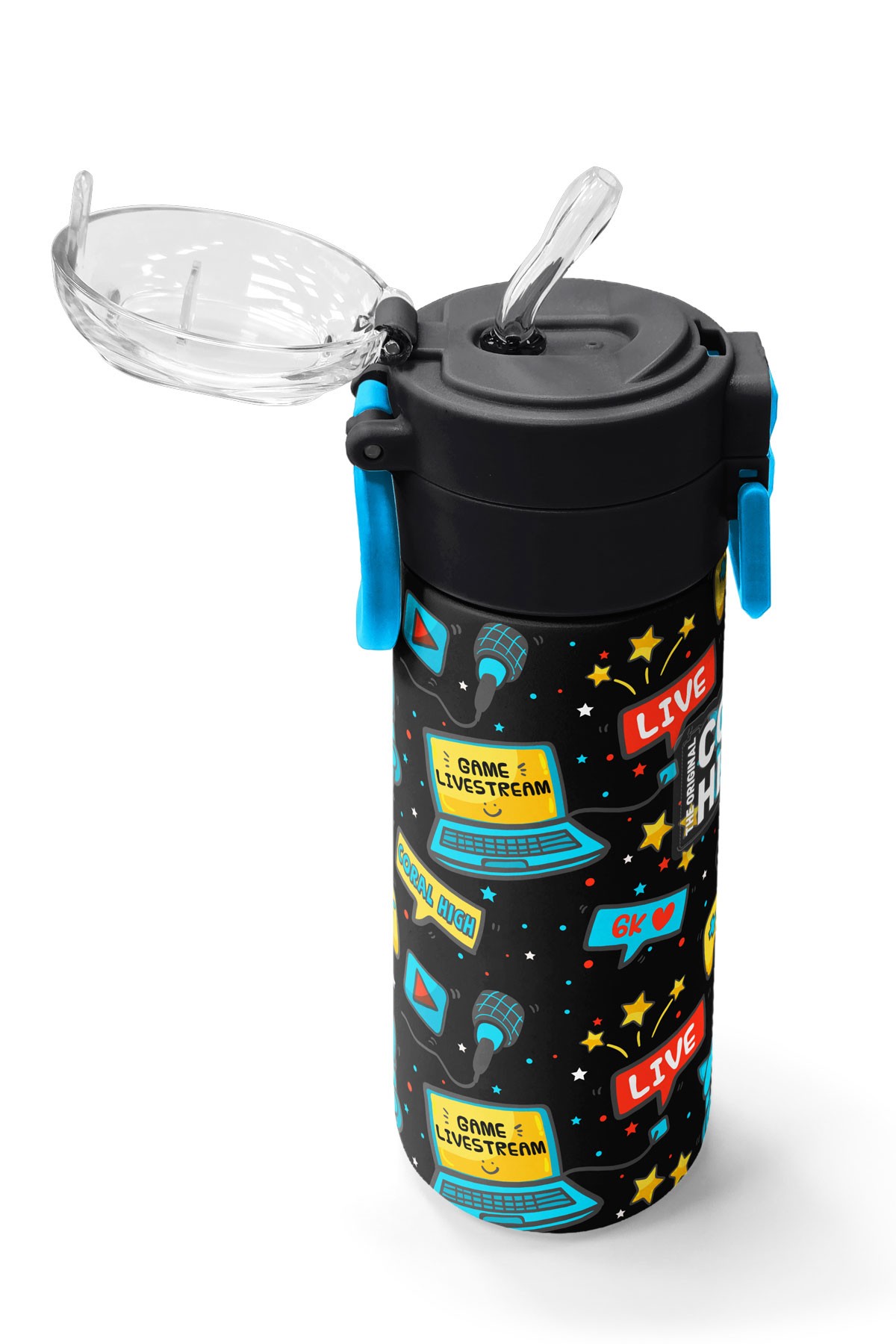 Coral High Kids Siyah Mavi Gamer Desenli Pipetli ve Direkt İçim Çelik Termos 500 ml 31984