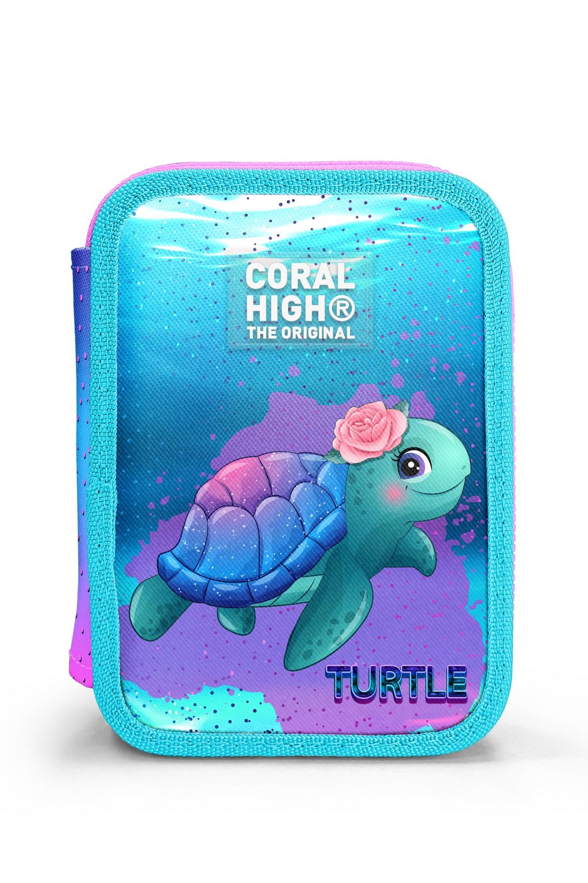 Coral High Kids Açık Pembe Mavi Kaplumbağa Desenli Çift Katlı Kalem Çanta 11134