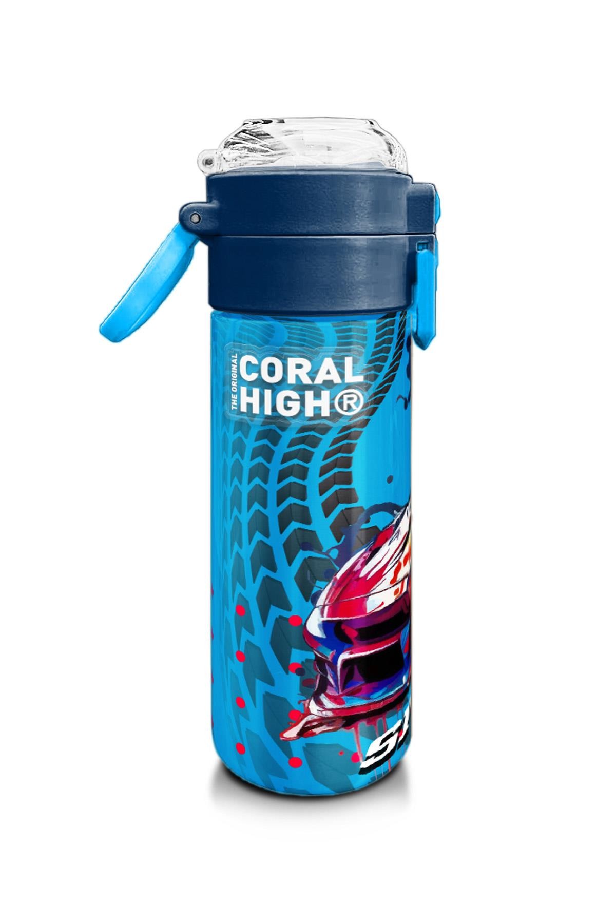 Coral High Kids Gri Mavi Yarış Arabası Desenli Pipetli ve Direkt İçim Çelik Termos 500 ml 31815