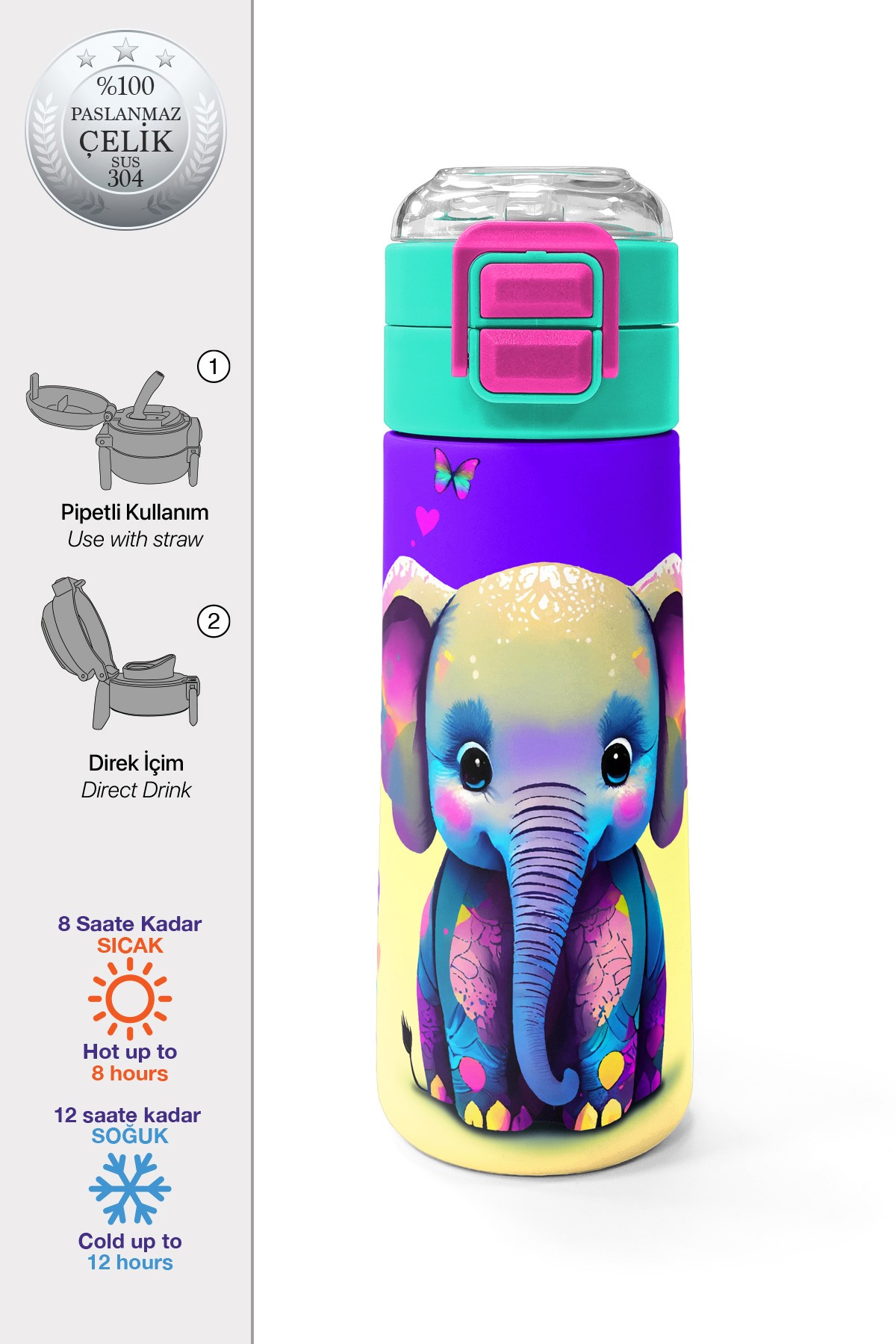 Coral High Kids Pembe Turkuaz Fil Desenli Pipetli ve Direkt İçim Çelik Termos 500 ml 31814