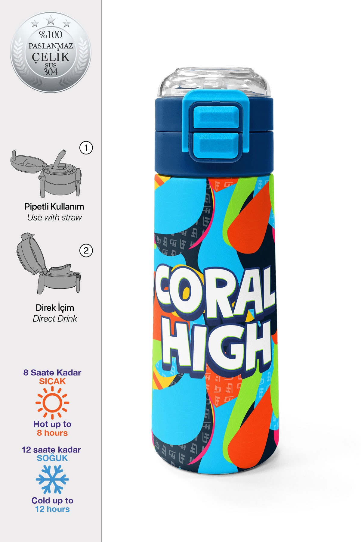 Coral High Kids Grafiti Desenli Pipetli ve Direkt İçim Çelik Termos 500 ml 31993