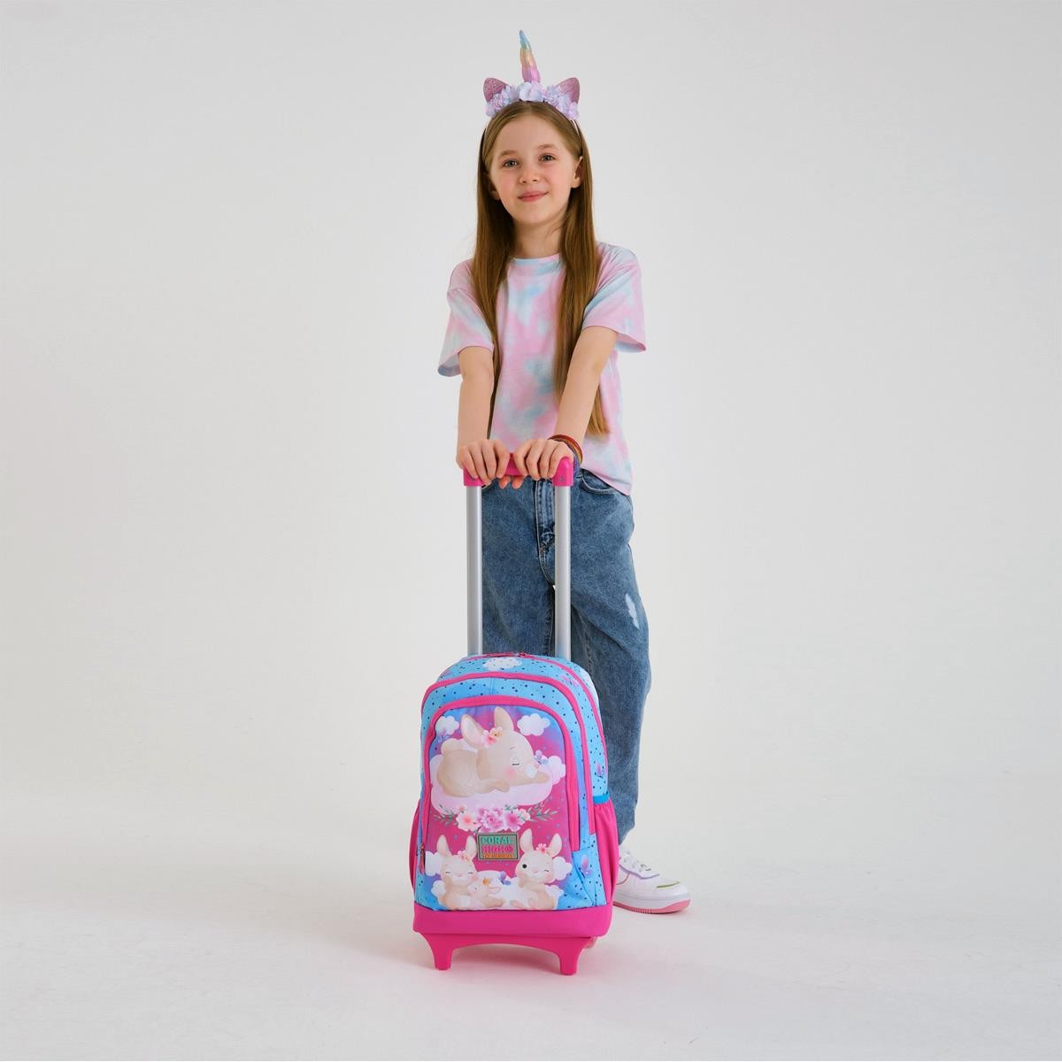 Coral High Kids Mavi Pembe Tavşan Desenli Çekçekli 3'lü Çanta Seti SET0123936
