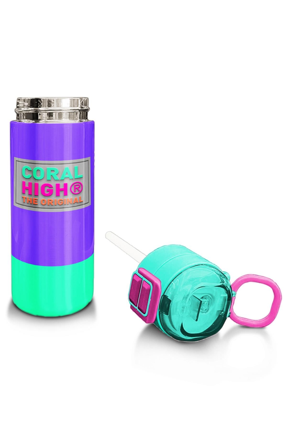 Coral High Kids Mor Renk Detaylı Desenli Pipetli ve Direkt İçim Çelik Termos 500 ml 31941