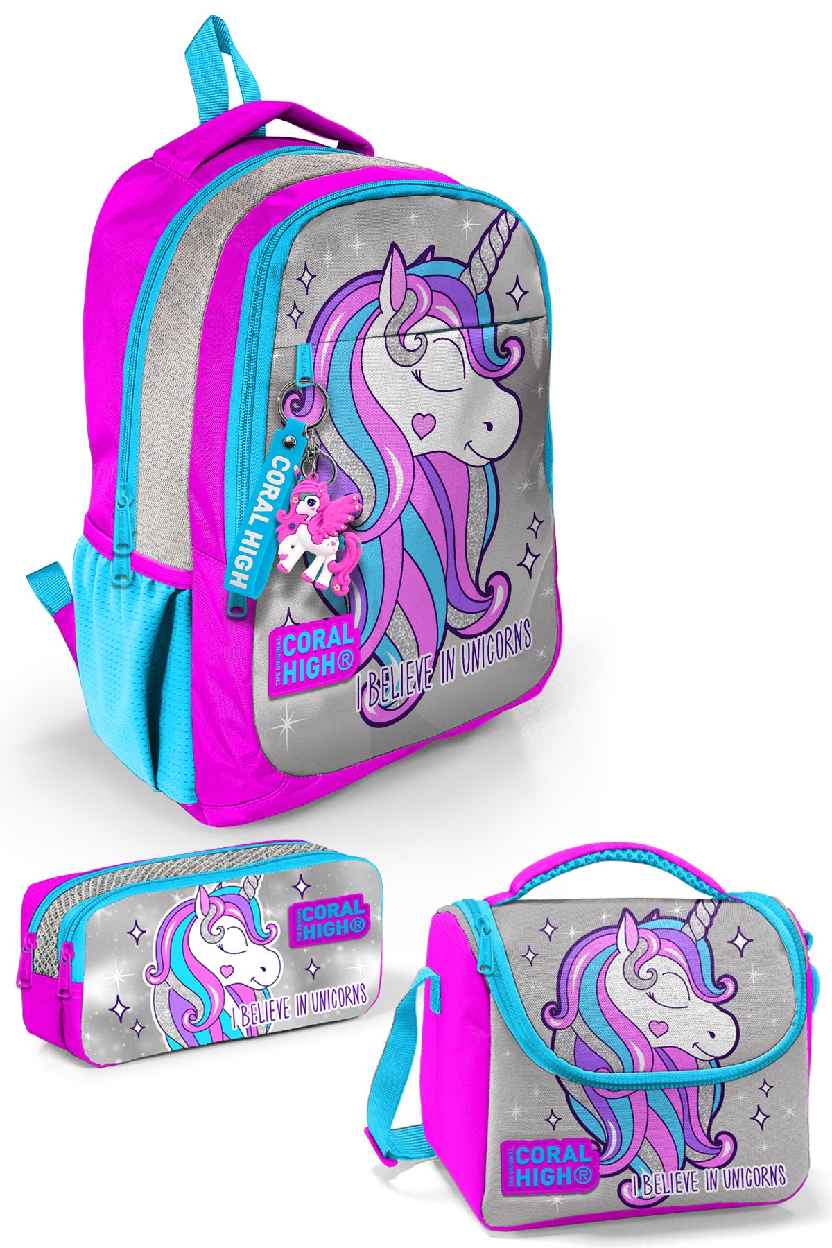 Coral High Kids Pembe Gümüş Simli Unicorn Desenli 3’lü Okul Çanta Seti SET0114383