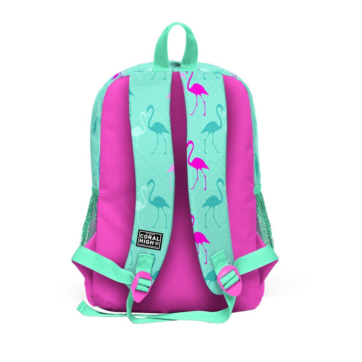 Coral High Kids Su Yeşili Neon Pembe Flamingo Desenli 3’lü Okul Çanta Seti SET0123111