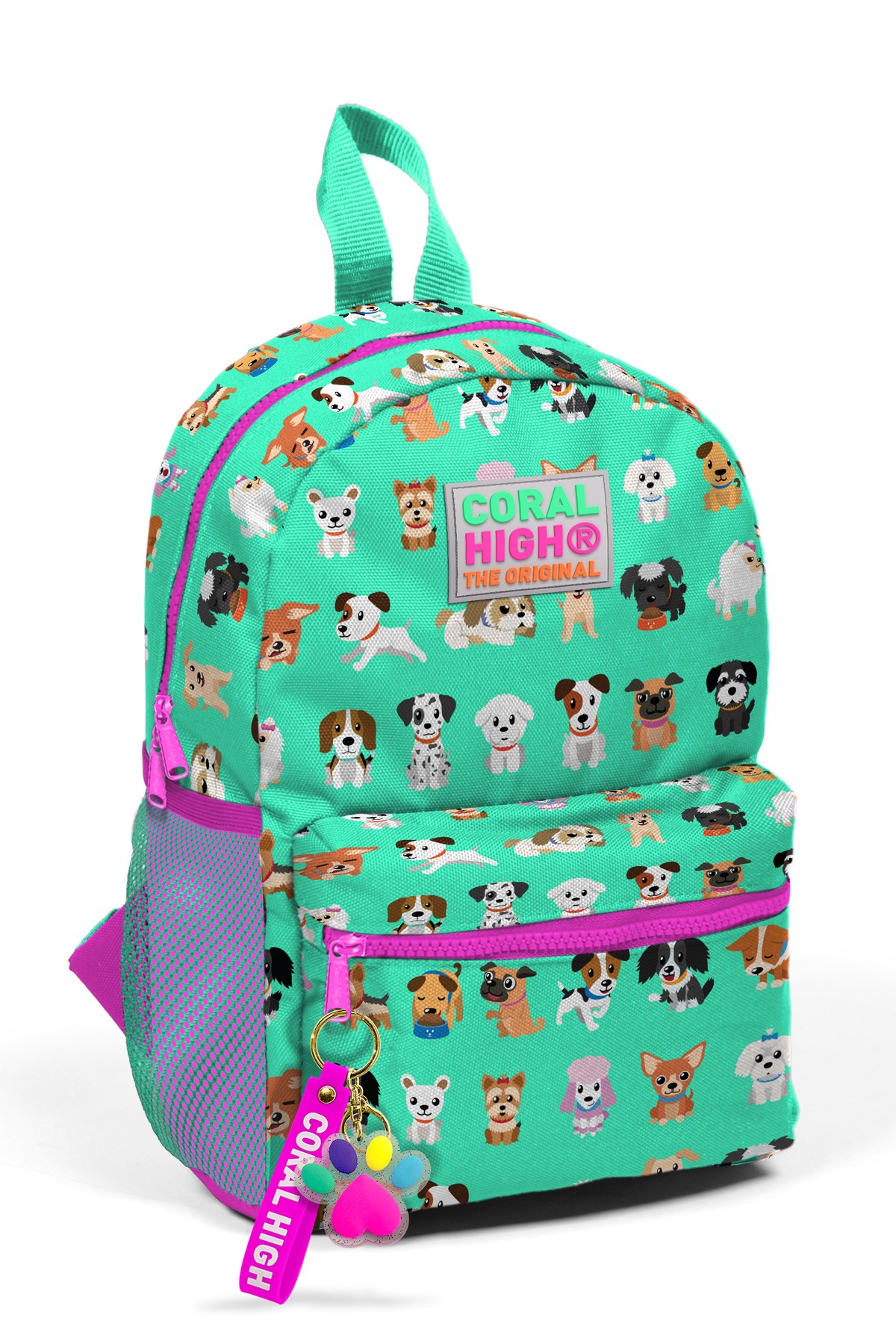Minik Yuva Sırt Çantası Su Yeşili Neon Pembe Köpek Desenli İki Bölmeli  23330