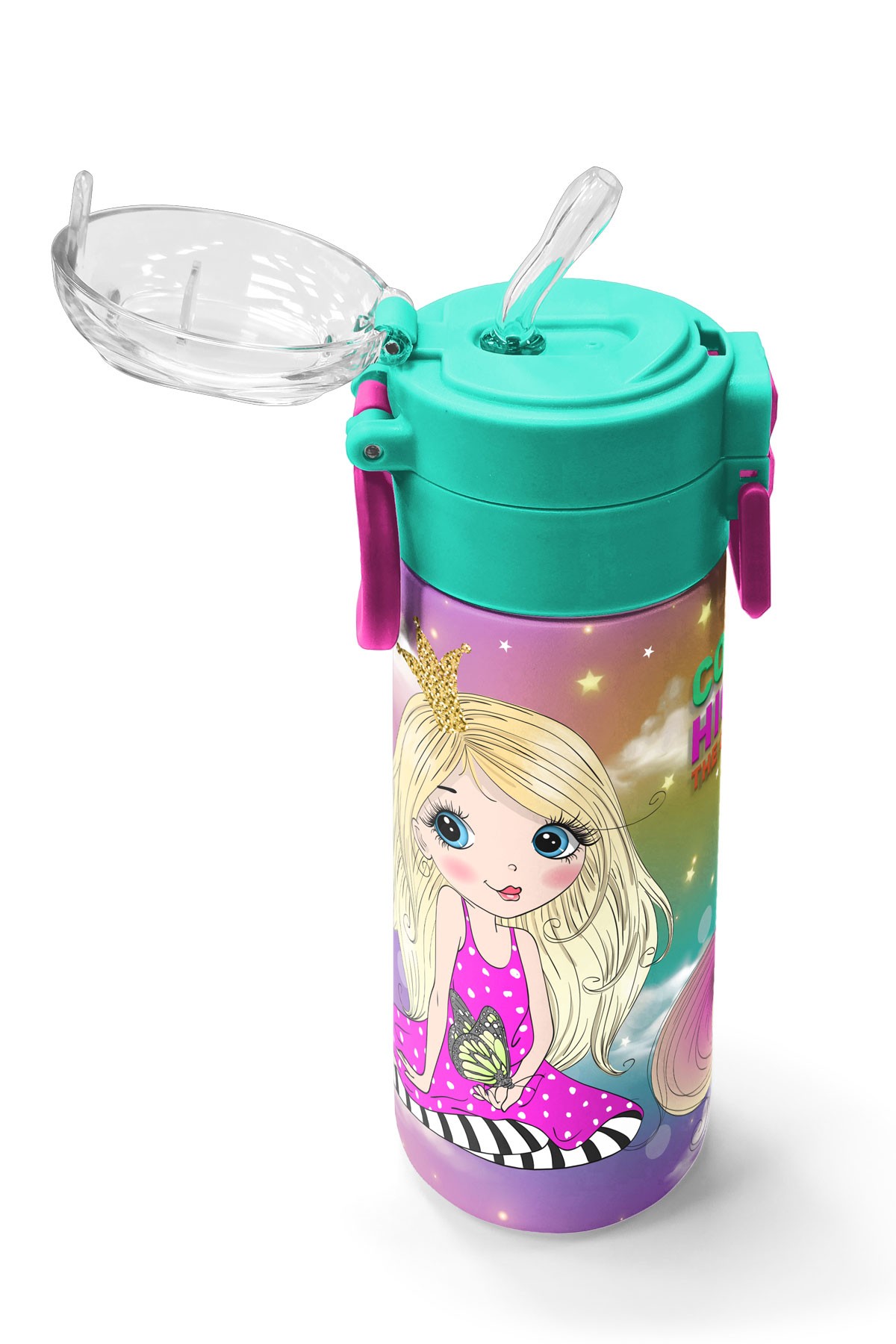 Coral High Kids Pembe Su Yeşili Unicornlu Desenli Pipetli ve Direkt İçim Çelik Termos 500 ml 31940