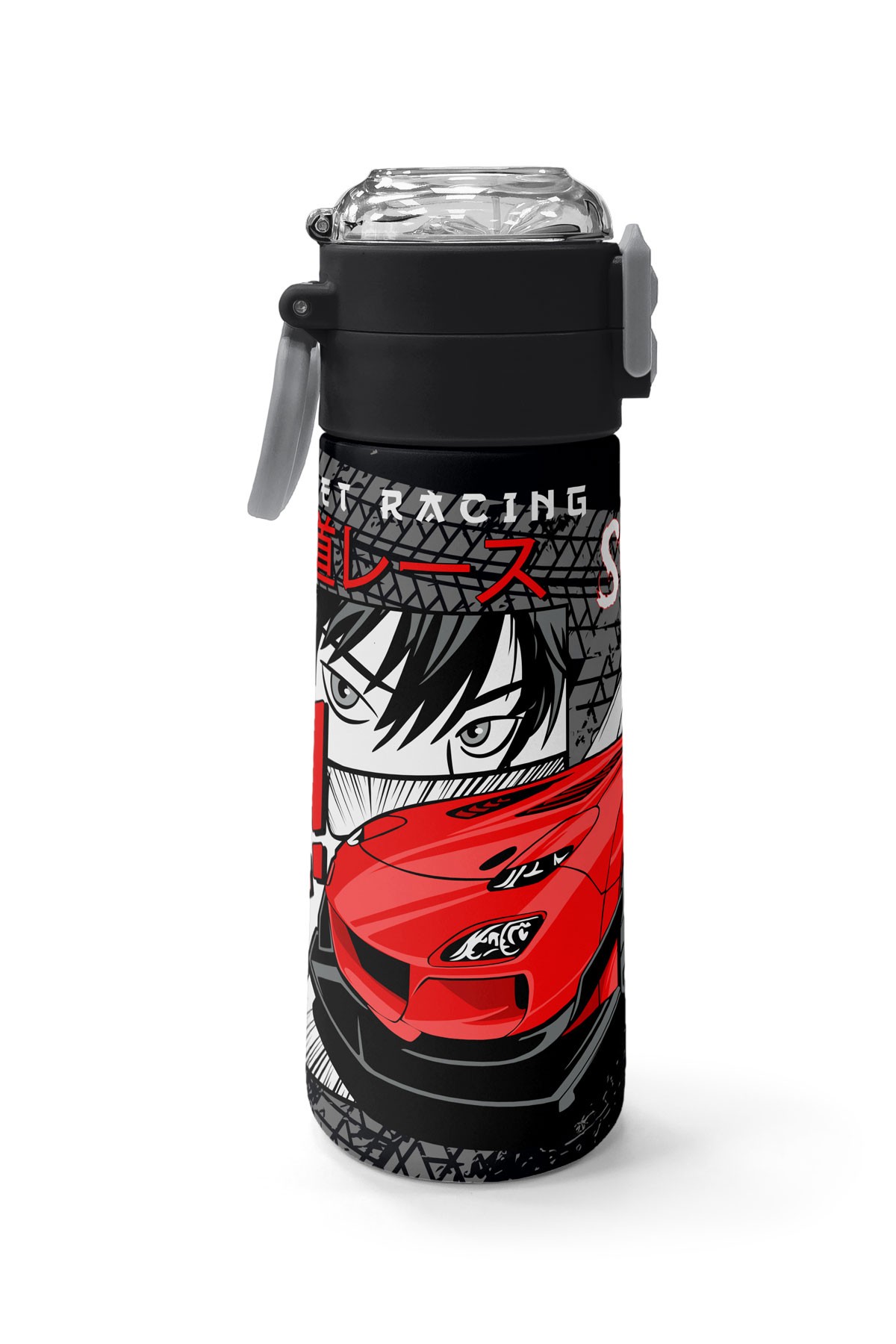 Coral High Kids Siyah Kırmızı Anime Araba Desenli Pipetli ve Direkt İçim Çelik Termos 500 ml 31948