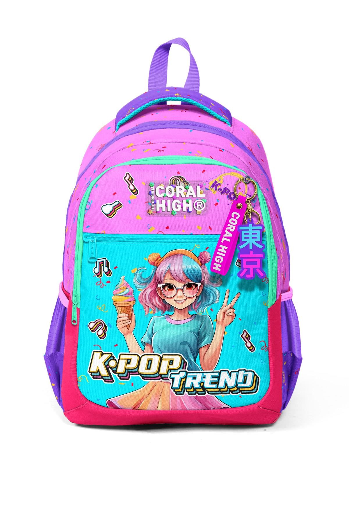 Coral High Kids Pembe Turkuaz K-Pop Desenli Üç Bölmeli Okul Sırt Çantası 14427