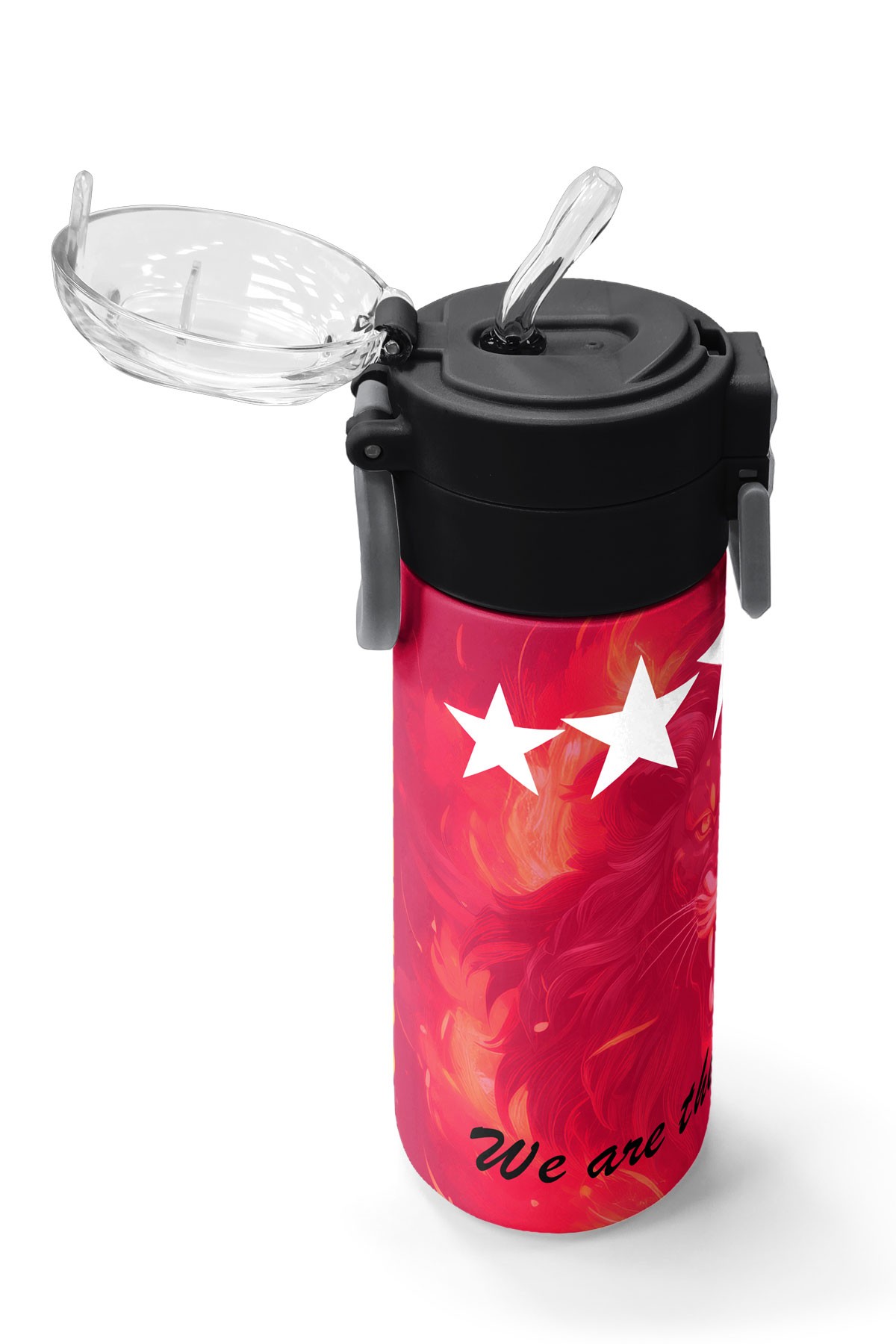 Coral High Kids Sarı Kırmızı 5 Yıldız Aslan Taraftar Desenli Pipetli ve Direkt İçim Çelik Termos 500 ml 31792