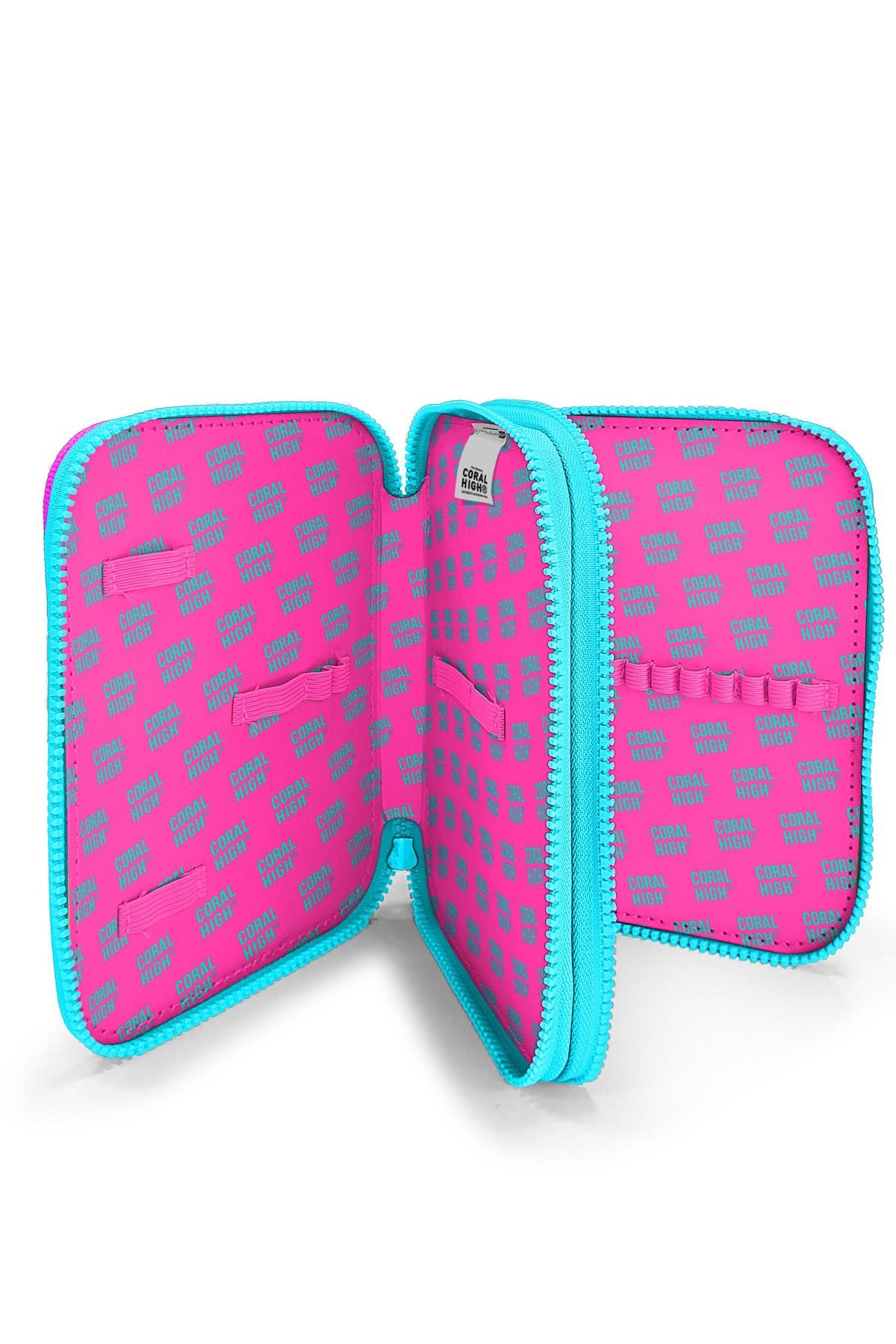 Coral High Kids Pembe Neon Mercan Fashion Girl Desenli Çift Katlı Kalem Çanta 11141 
