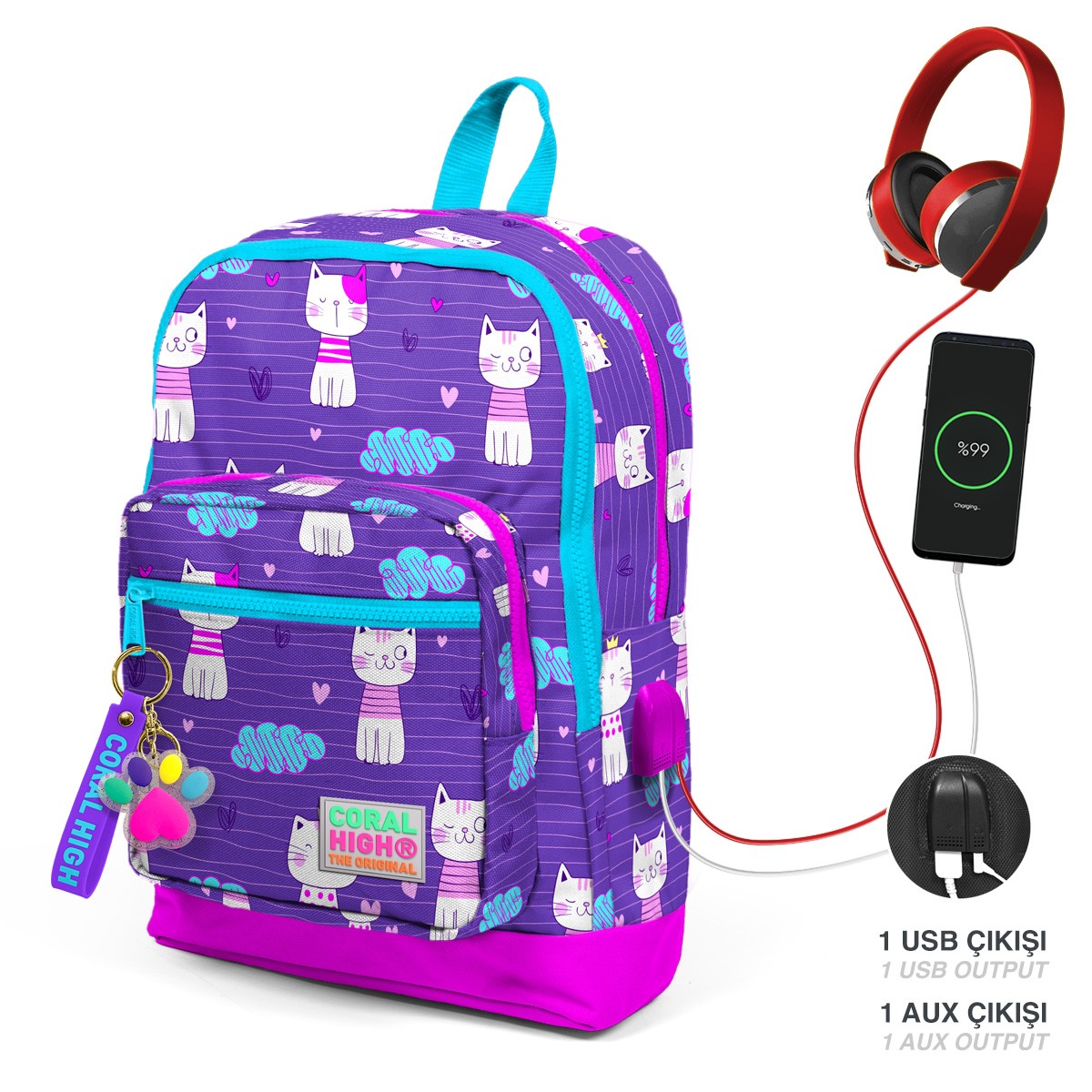 Coral High Kids Mor Pembe Kedi Desenli Dört Bölmeli USB'li Okul Sırt Çantası 23264