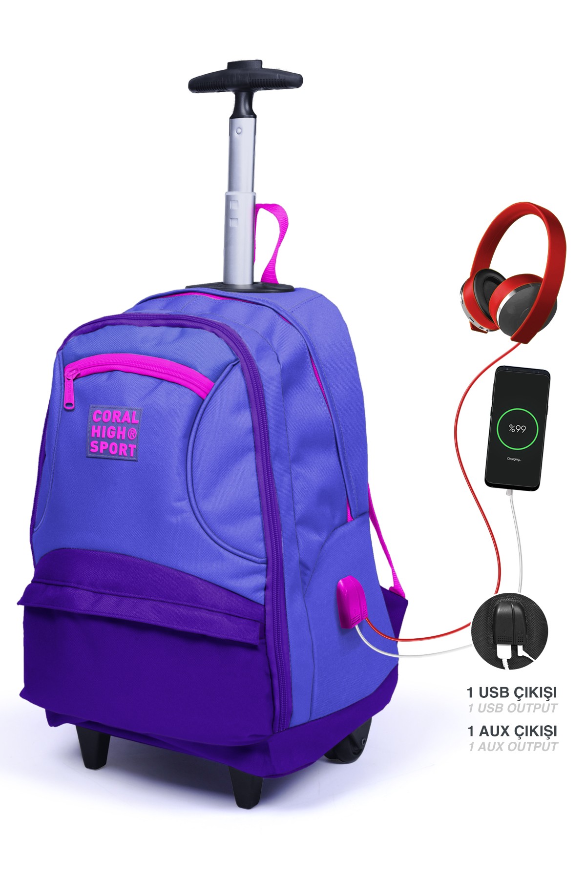 Coral High Sport Lavanta Mor Dört Bölmeli USB'li Çekçekli Sırt Çantası 23252