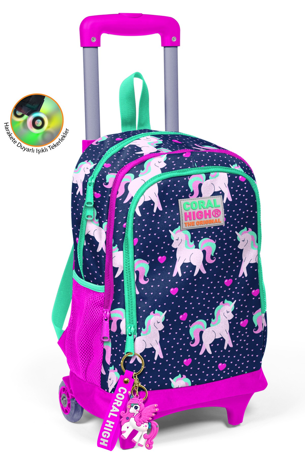 Coral High Kids Lacivert Pembe Unicorn Desenli Üç Bölmeli Çekçekli Sırt Çantası 23366