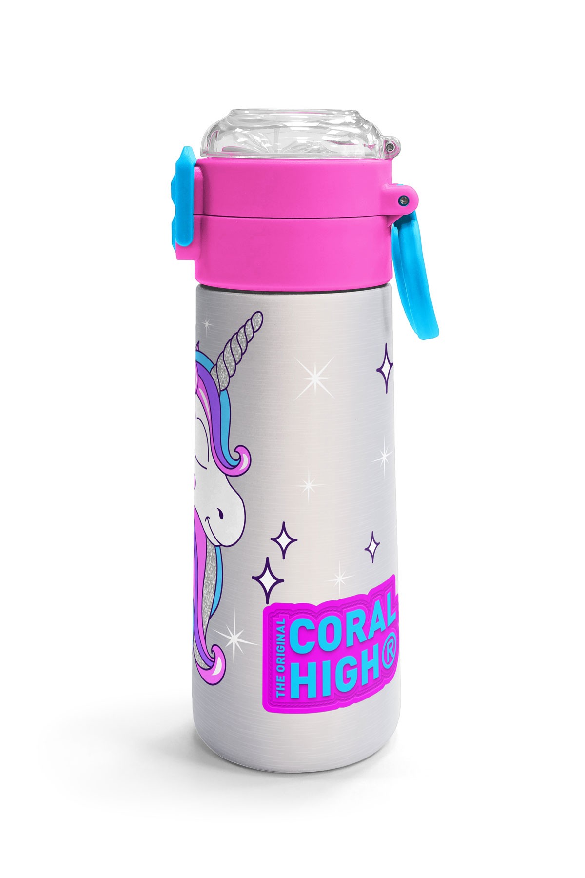 Coral High Kids Pembe Gümüş Unicorn Desenli Pipetli ve Direkt İçim Çelik Termos 500 ml 31821