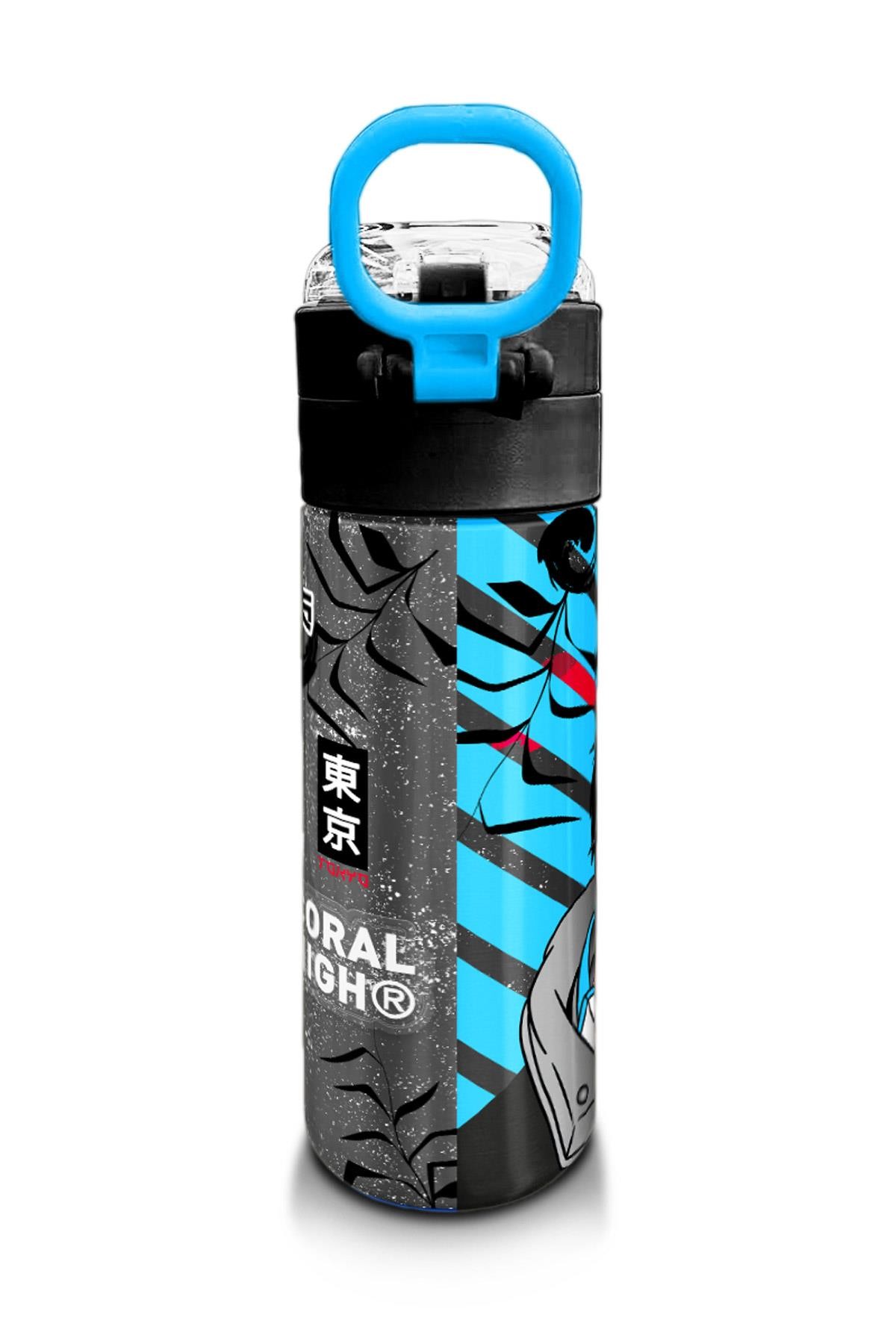 Coral High Kids Siyah Mavi Anime Desenli Pipetli ve Direkt İçim Çelik Termos 500 ml 31840