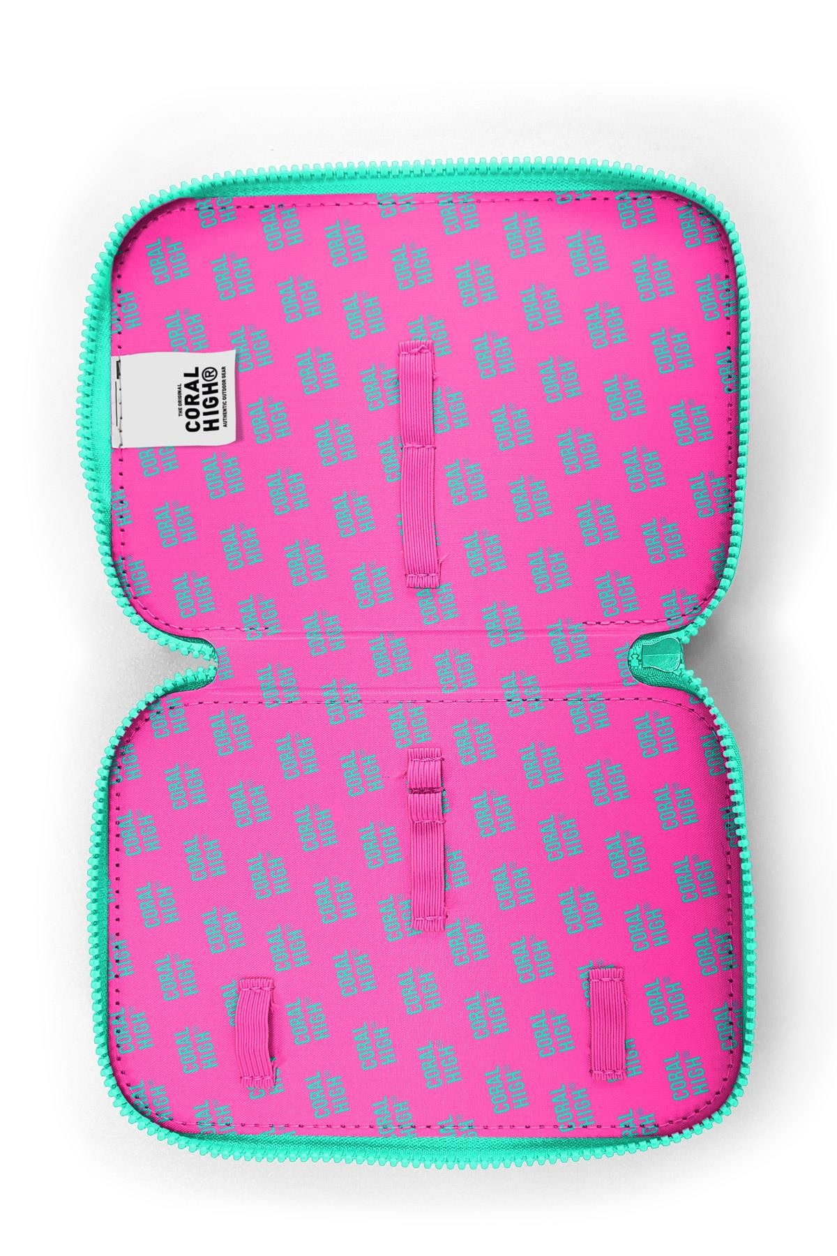Coral High Kids Neon Pembe Su Yeşili Kalp Desenli Çift Katlı Kalem Çanta 11133
