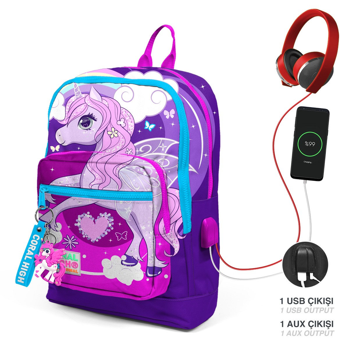 Coral High Kids Mor Pembe Unicorn Desenli Dört Bölmeli USB'li Okul Sırt Çantası  23808