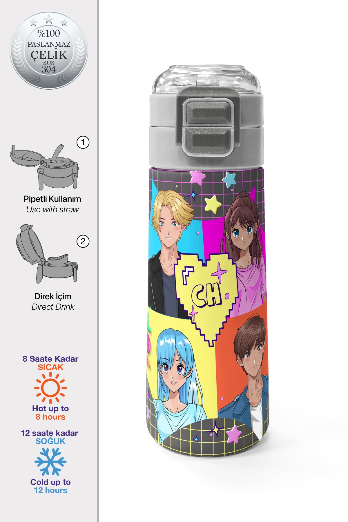 Coral High Kids Gri Mavi Pembe Anime Desenli Pipetli ve Direkt İçim Çelik Termos 500 ml 31943