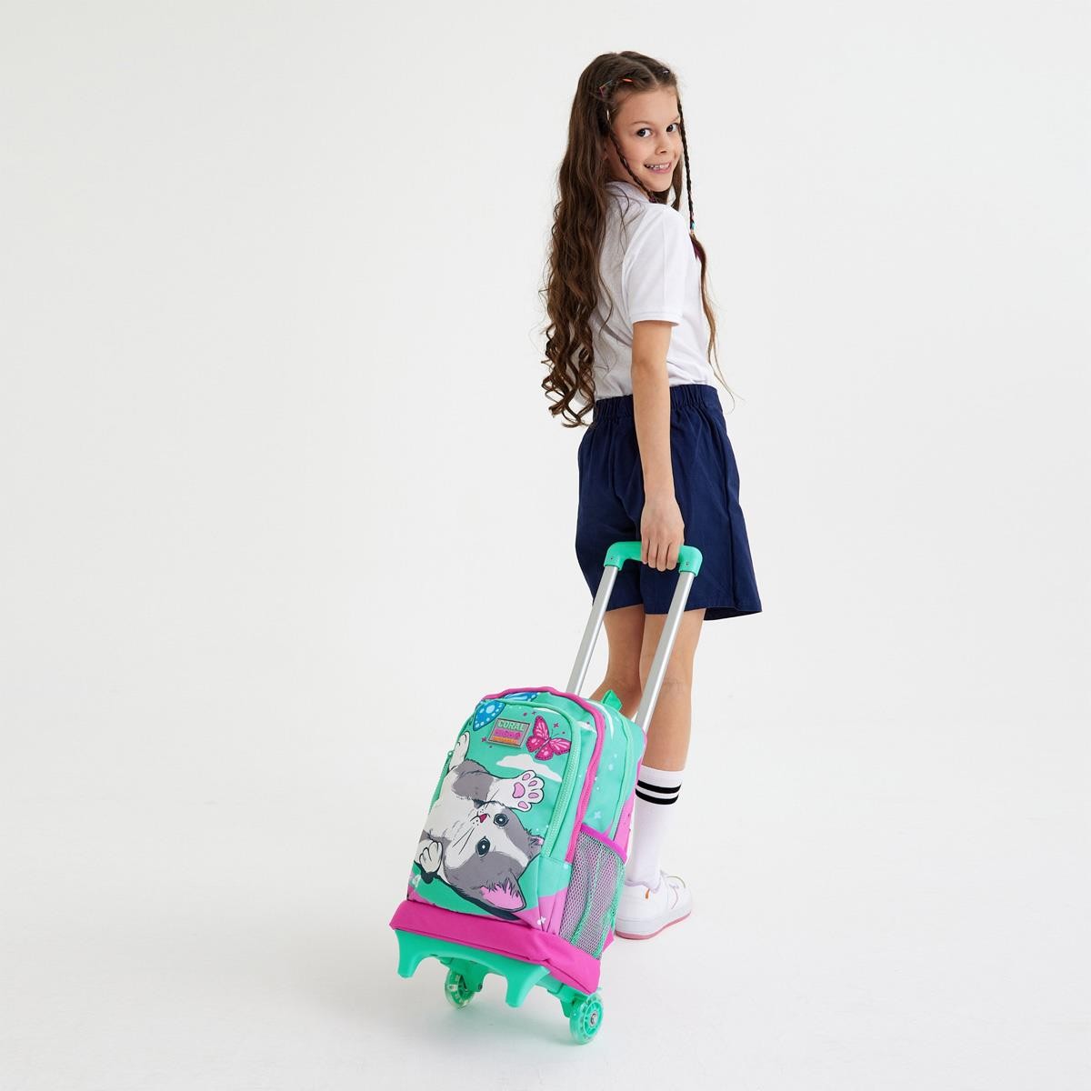 Coral High Kids Su Yeşili Pembe Kedi Desenli Çekçekli 3'lü Çanta Seti SET0123907