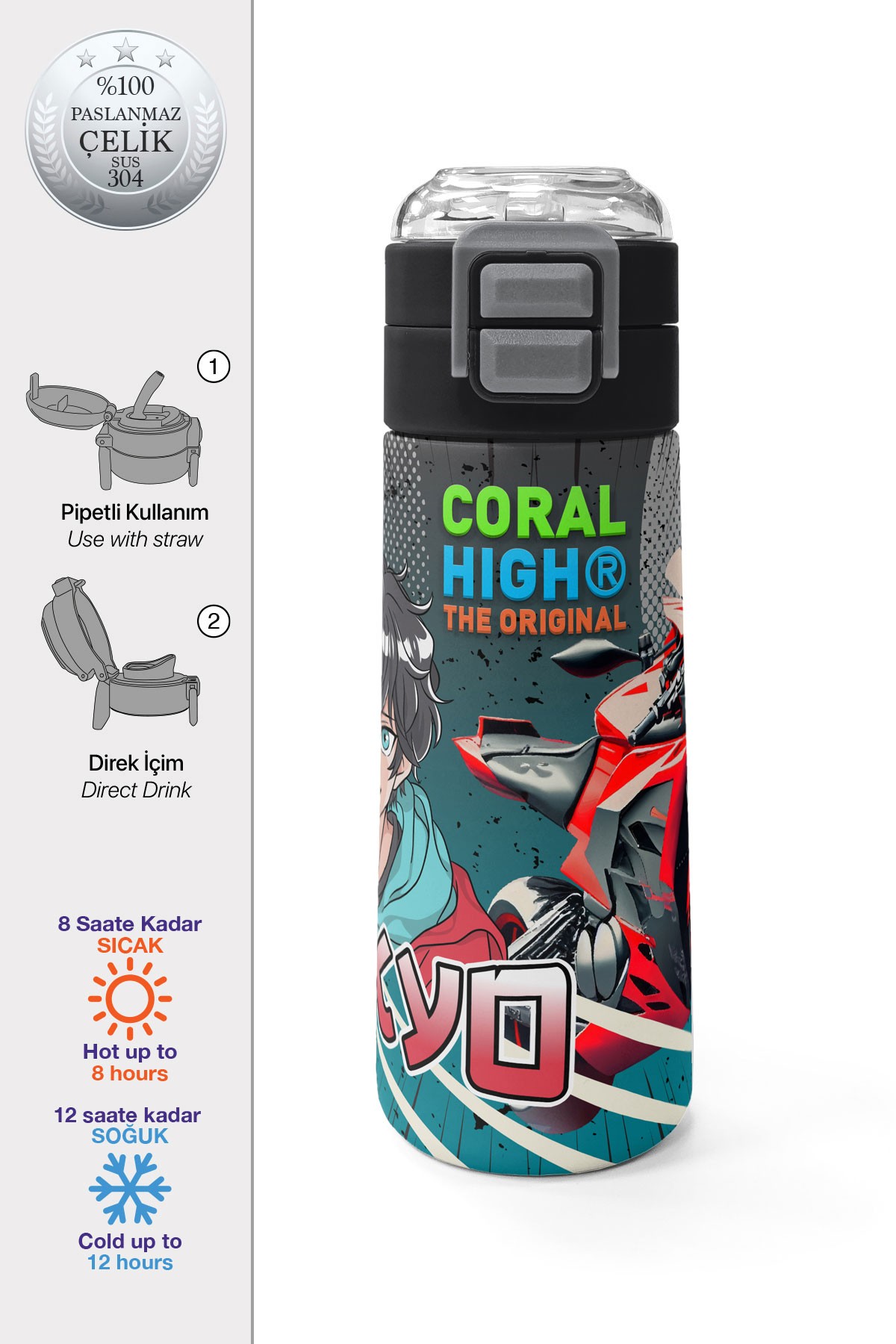 Coral High Kids Gri Nefti Anime Motorsiklet Desenli Pipetli ve Direkt İçim Çelik Termos 500 ml 31965