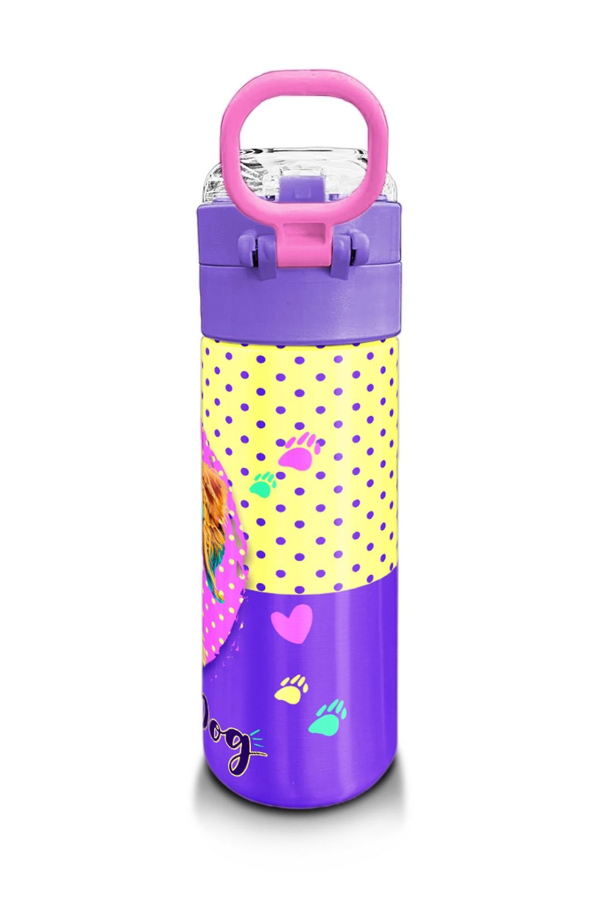 Coral High Kids Sarı Pembe Sevimli Köpek Desenli Pipetli ve Direkt İçim Çelik Termos 500 ml 31953