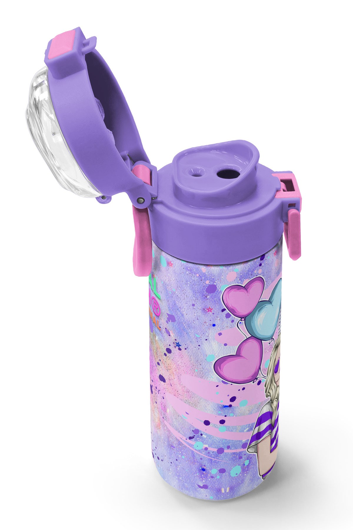 Coral High Kids Pembe Mor Fashion Girl Desenli Pipetli ve Direkt İçim Çelik Termos 500 ml 31956