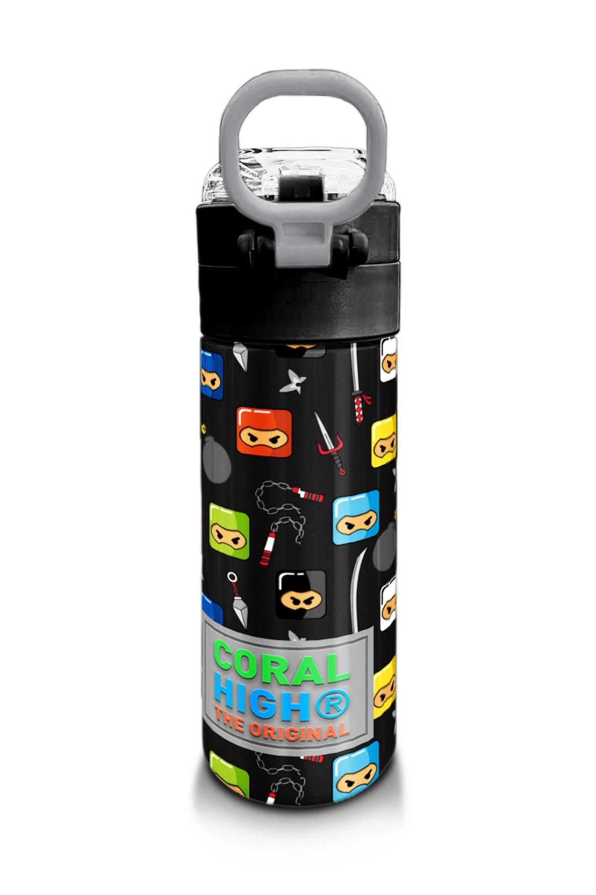 Coral High Kids Siyah Ninja Desenli Pipetli ve Direkt İçim Çelik Termos 500 ml 31919