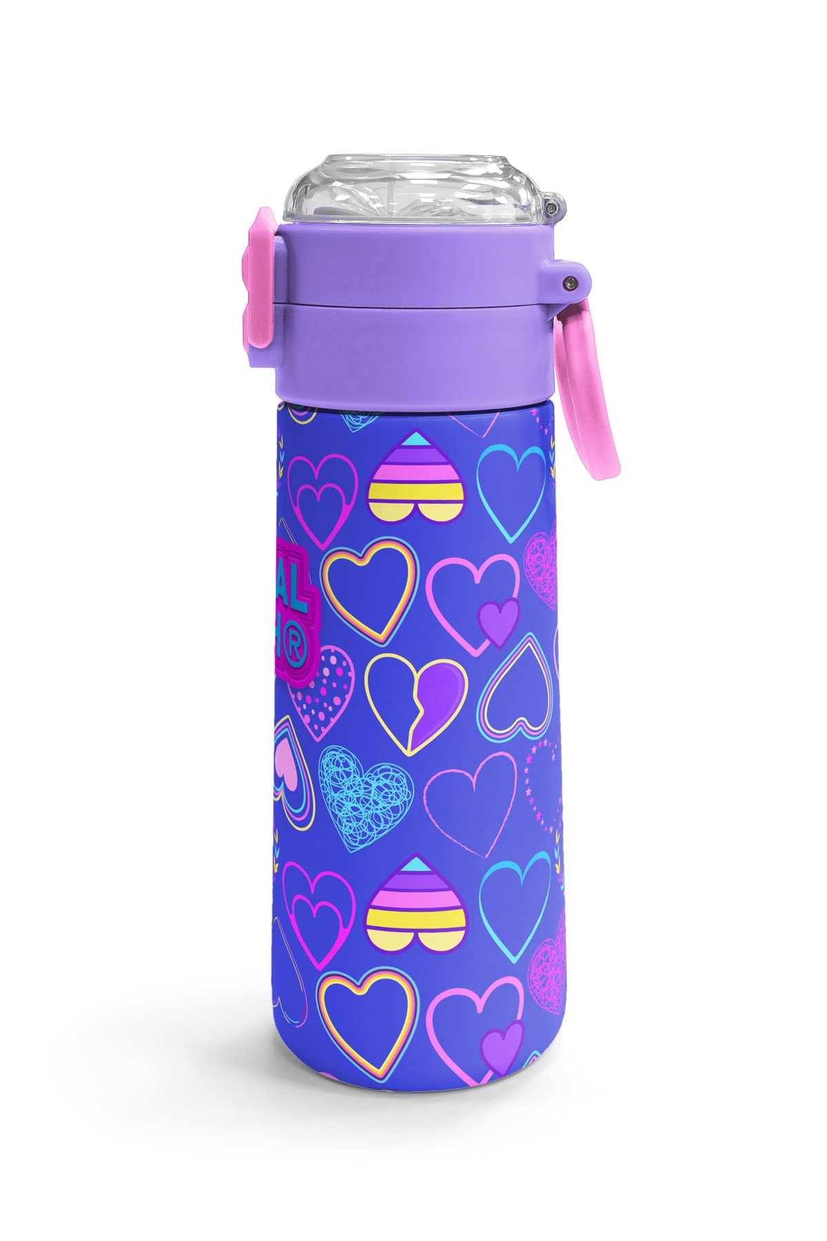 Coral High Kids Açık Pembe Lavanta Kalp Desenli Pipetli ve Direkt İçim Çelik Termos 500 ml 31977