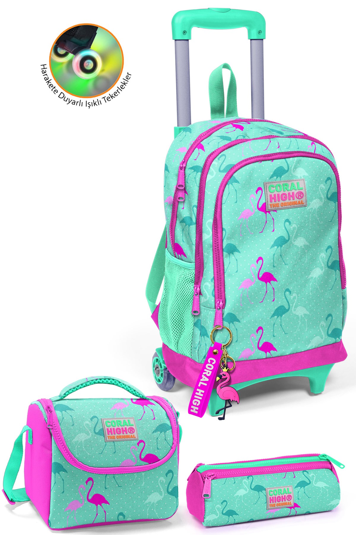 Coral High Kids Su Yeşili Neon Pembe Flamingo Desenli  Çekçekli 3'lü Çanta Seti SET0123131