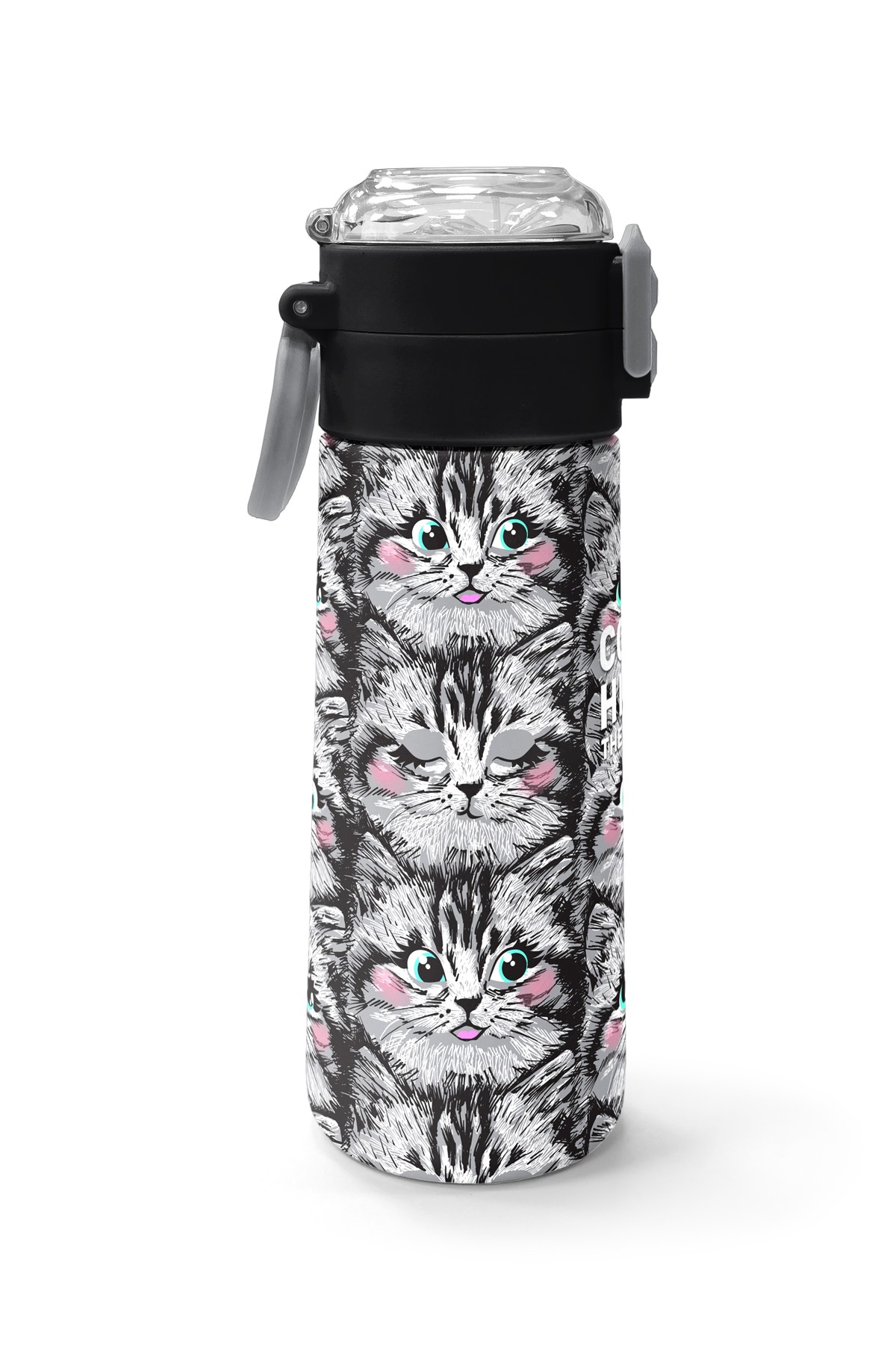 Coral High Kids Gri Kedi Desenli Pipetli ve Direkt İçim Çelik Termos 500 ml 31851