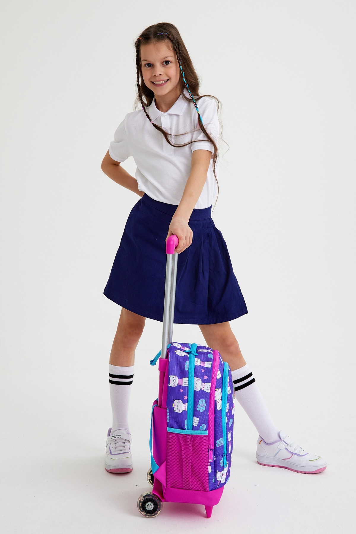 Coral High Kids Mor Pembe Kedi Desenli Üç Bölmeli Çekçekli Okul Sırt Çantası 23360