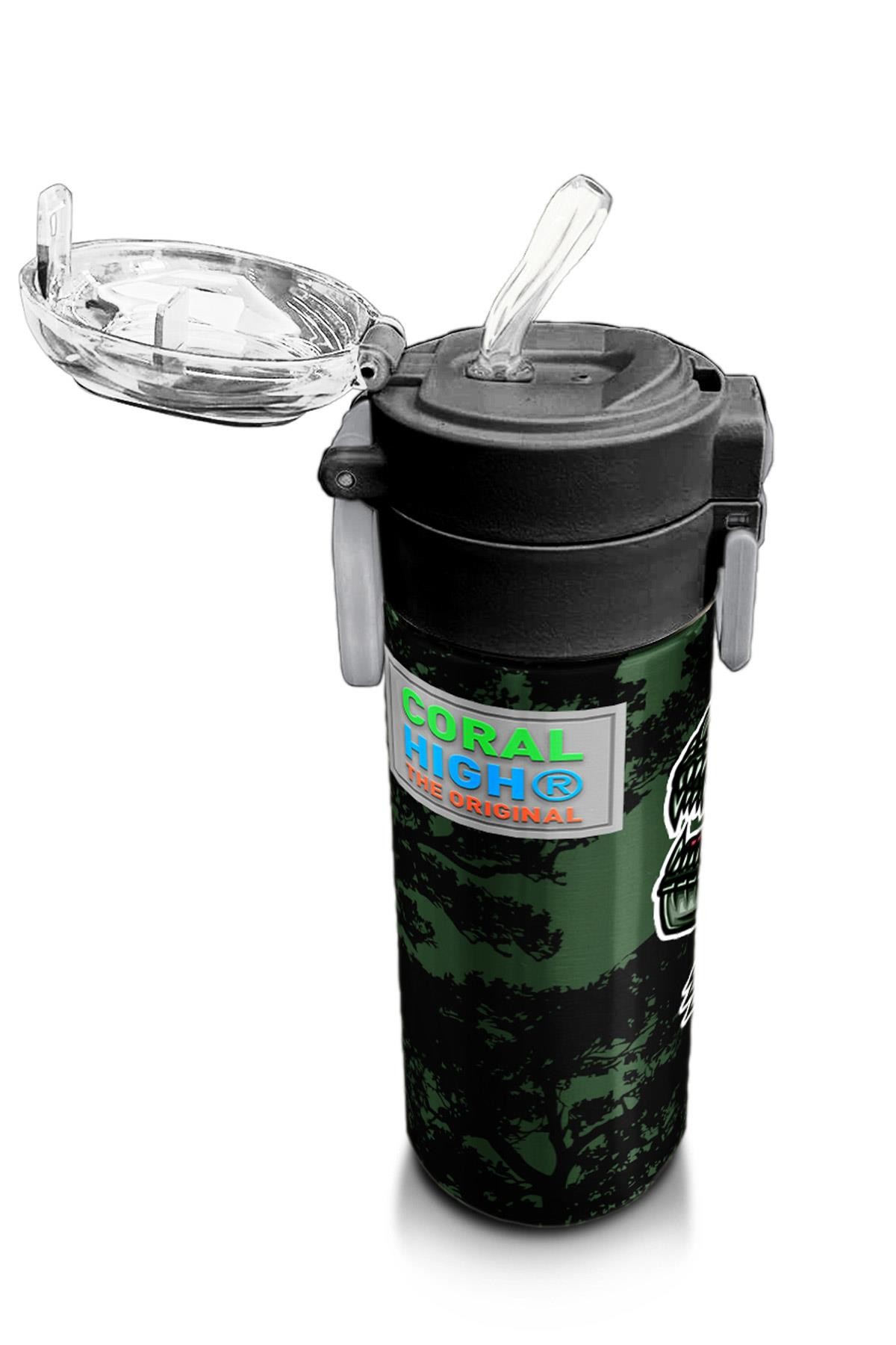 Coral High Kids Koyu Yeşil Siyah Dinozor Desenli Pipetli ve Direkt İçim Çelik Termos 500 ml 31934