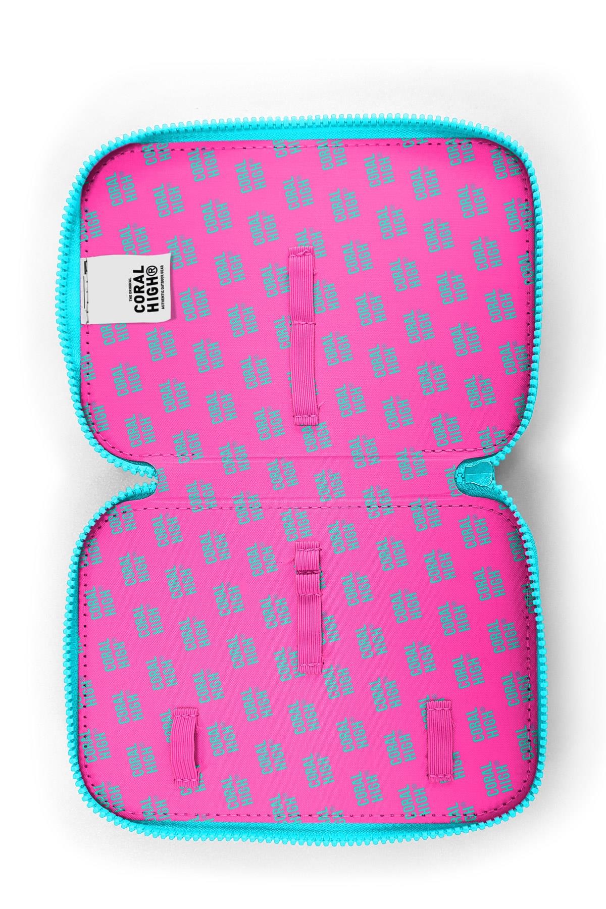 Coral High Kids Pembe Neon Mercan Fashion Girl Desenli Çift Katlı Kalem Çanta 11141 