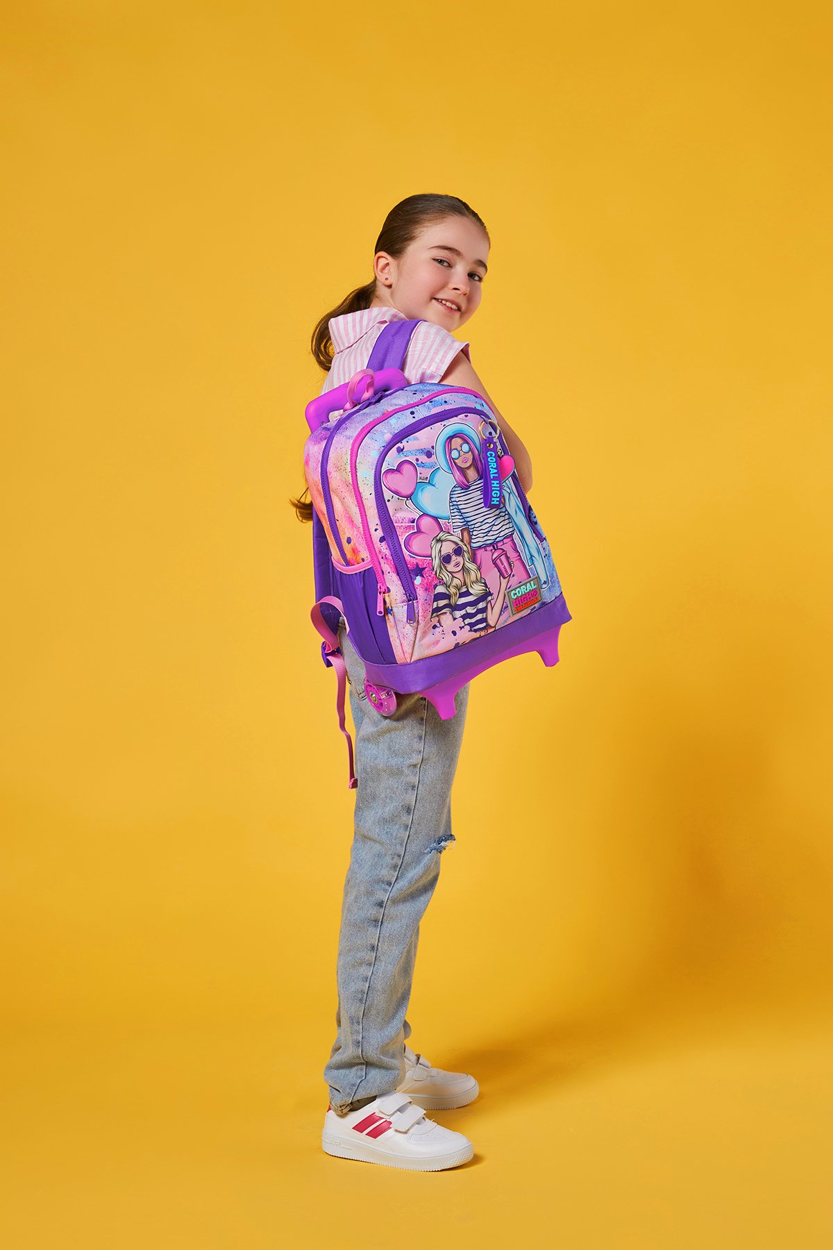 Coral High Kids Pembe Mor Fashion Girl Desenli Üç Bölmeli Çekçekli Okul Sırt Çantası 23955