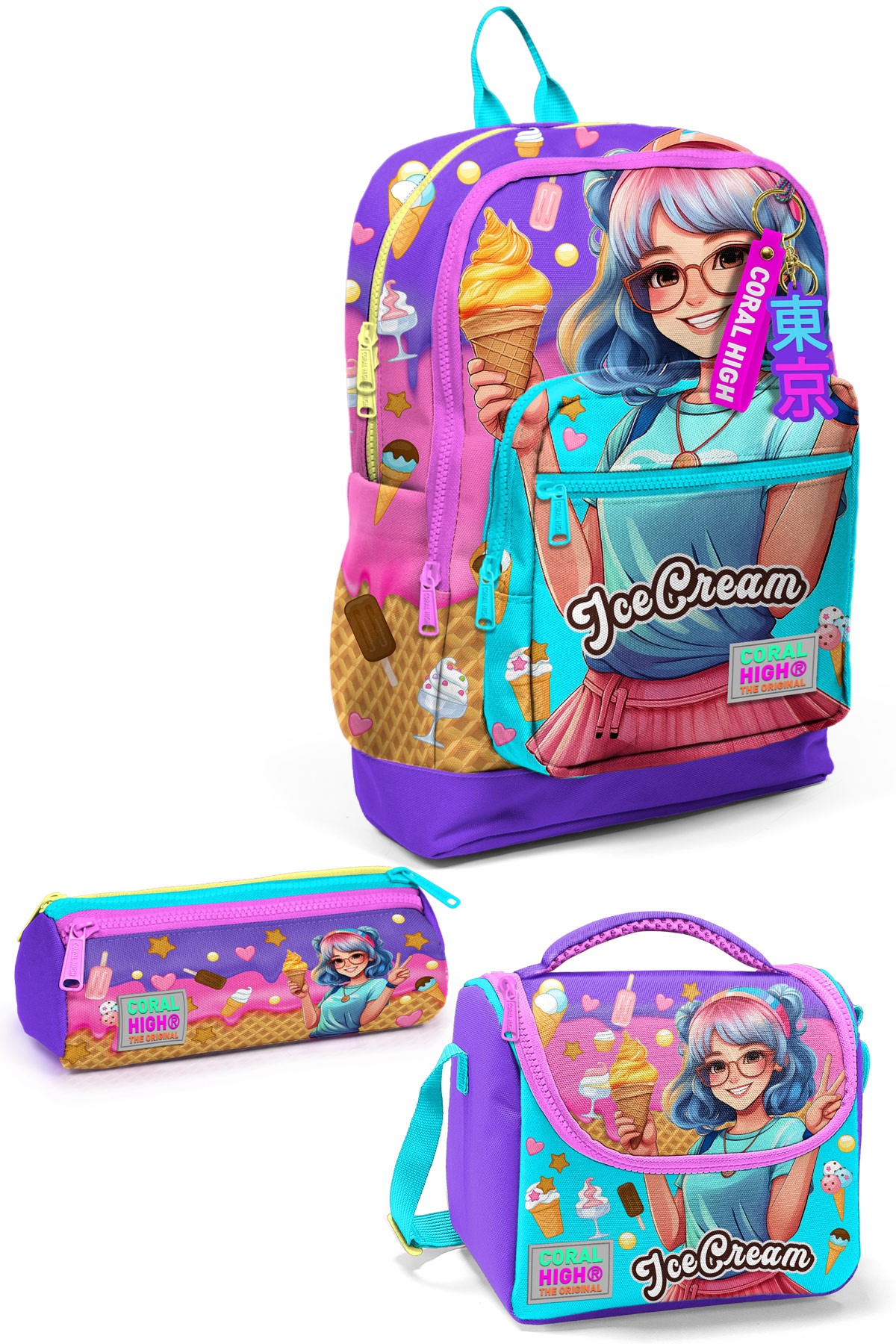 Coral High Kids Lila Turkuaz Dondurma ve Anime Desenli 3’lü Okul Çanta Seti SET0123773