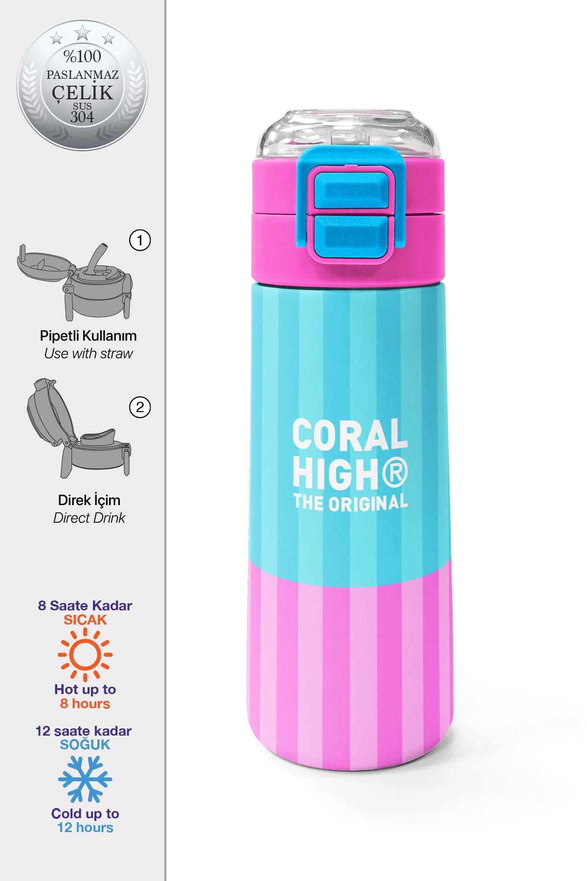 Coral High Kids Renkli Çizgili Desenli Pipetli ve Direkt İçim Çelik Termos 500 ml 31987