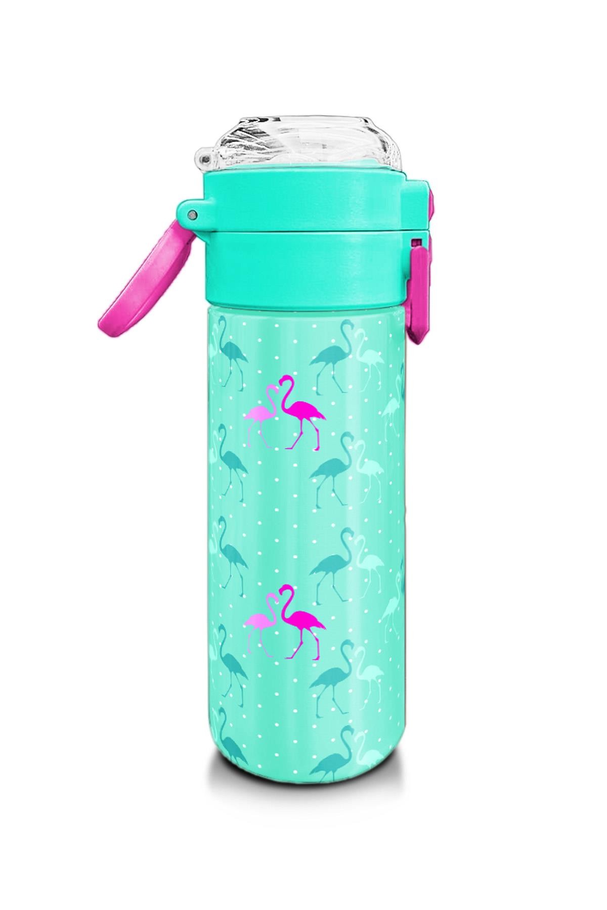Coral High Kids Su Yeşili Neon Pembe Flamingo Desenli Pipetli ve Direkt İçim Çelik Termos 500 ml 31904