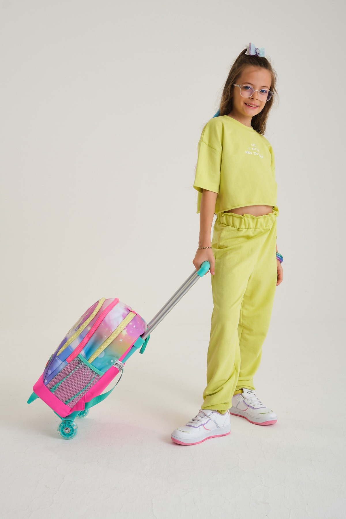 Coral High Kids Pembe Su Yeşili Unicornlu Kız Desenli Üç Bölmeli Çekçekli Okul Sırt Çantası 23933