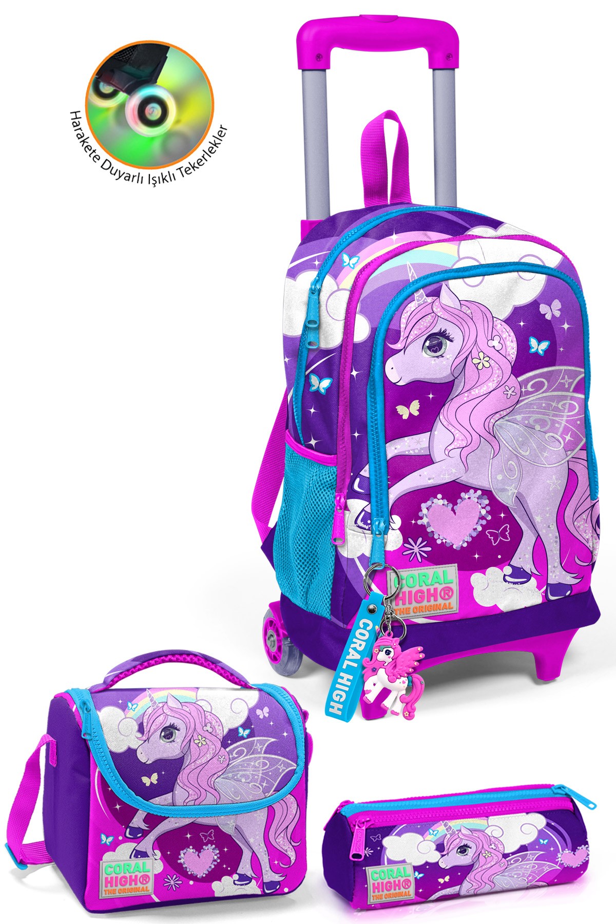 Coral High Kids Mor Pembe Unicorn Desenli Çekçekli 3'lü Çanta Seti SET0123908