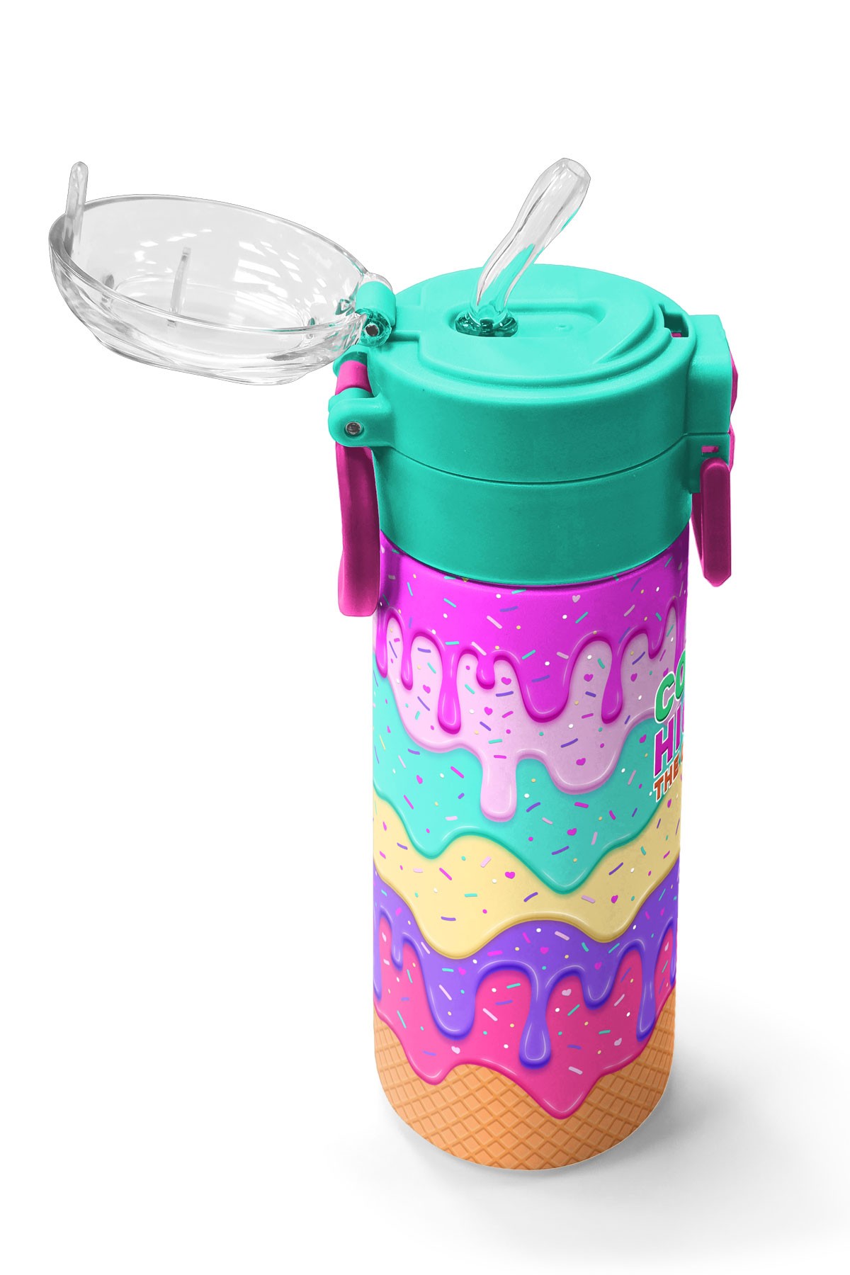 Coral High Kids Pembe Rengarenk Dondurma Desenli Pipetli ve Direkt İçim Çelik Termos 500 ml 31938