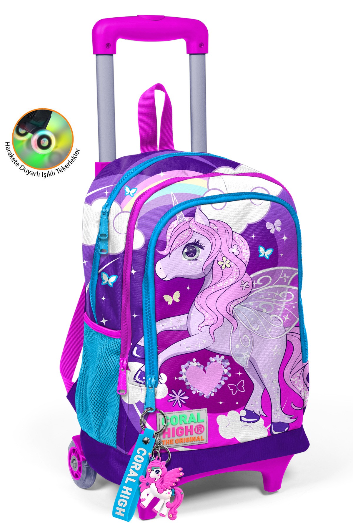 Coral High Kids Mor Pembe Unicorn Desenli Üç Bölmeli Çekçekli Okul Sırt Çantası 23908