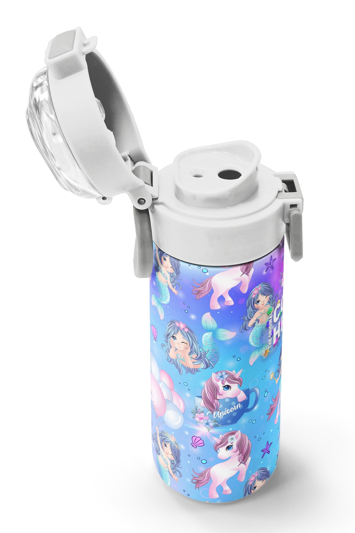 Coral High Kids Mor Pembe Unicorn Deniz Kızı Desenli Pipetli ve Direkt İçim Çelik Termos 500 ml 31982
