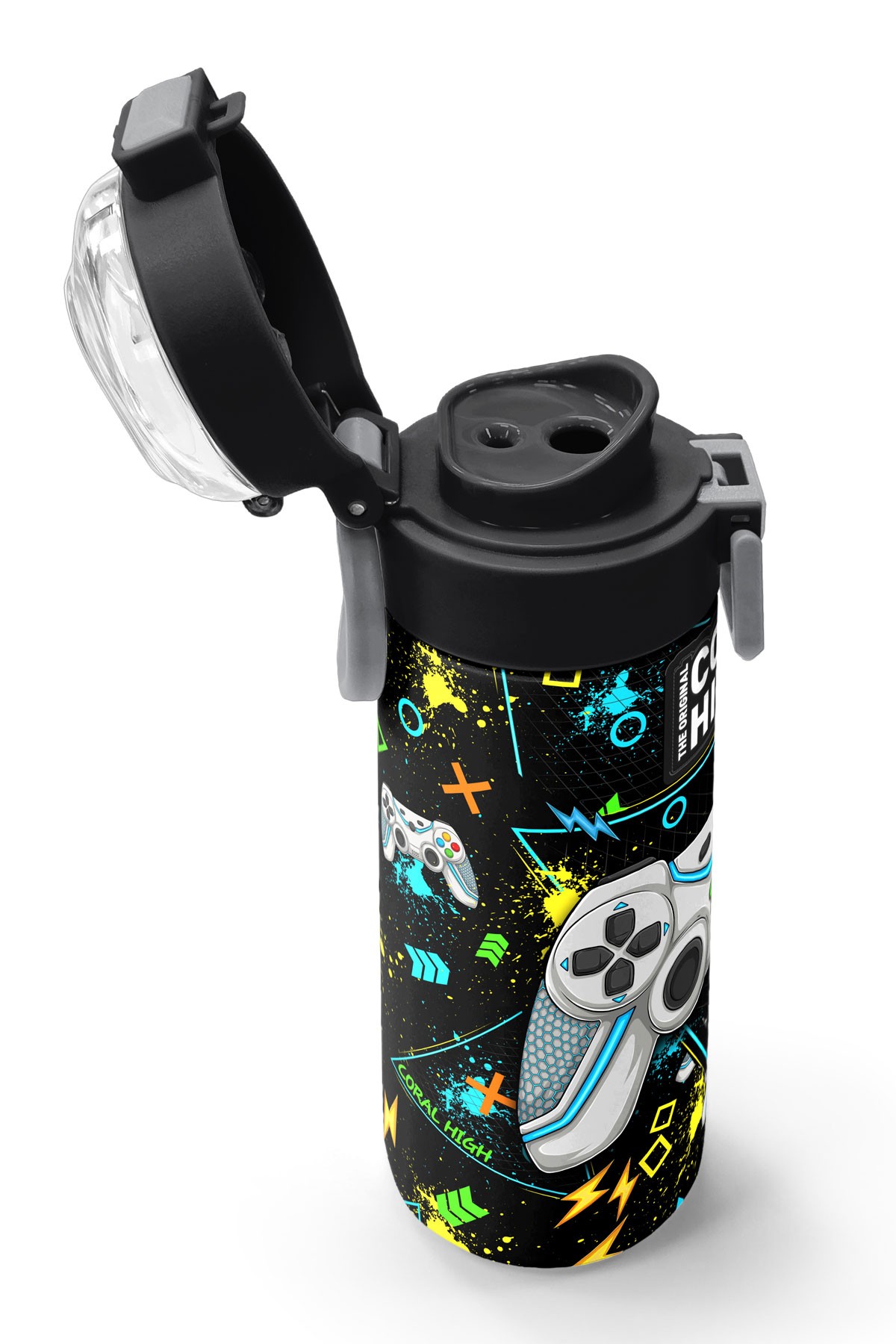 Coral High Kids Siyah Fosforlu Yeşil Gamer Desenli Pipetli ve Direkt İçim Çelik Termos 500 ml 31817