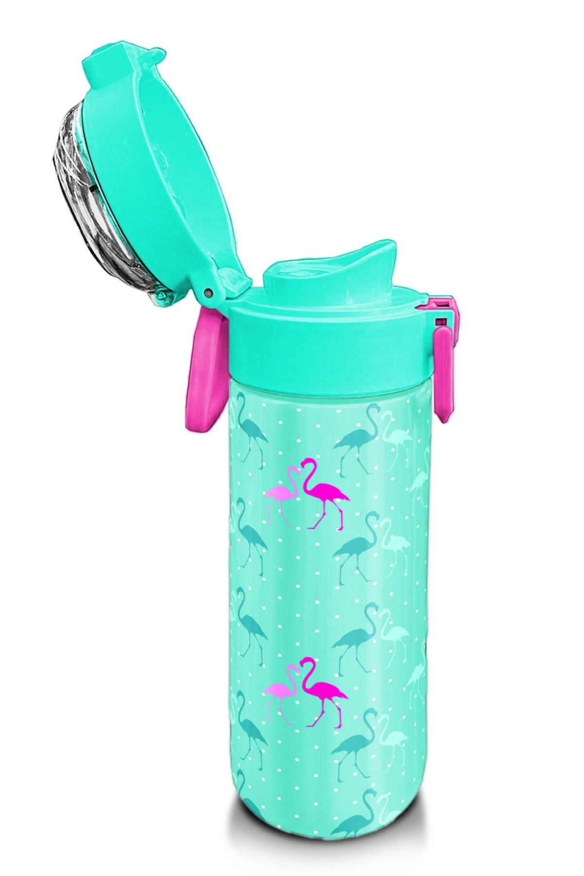 Coral High Kids Su Yeşili Neon Pembe Flamingo Desenli Pipetli ve Direkt İçim Çelik Termos 500 ml 31904