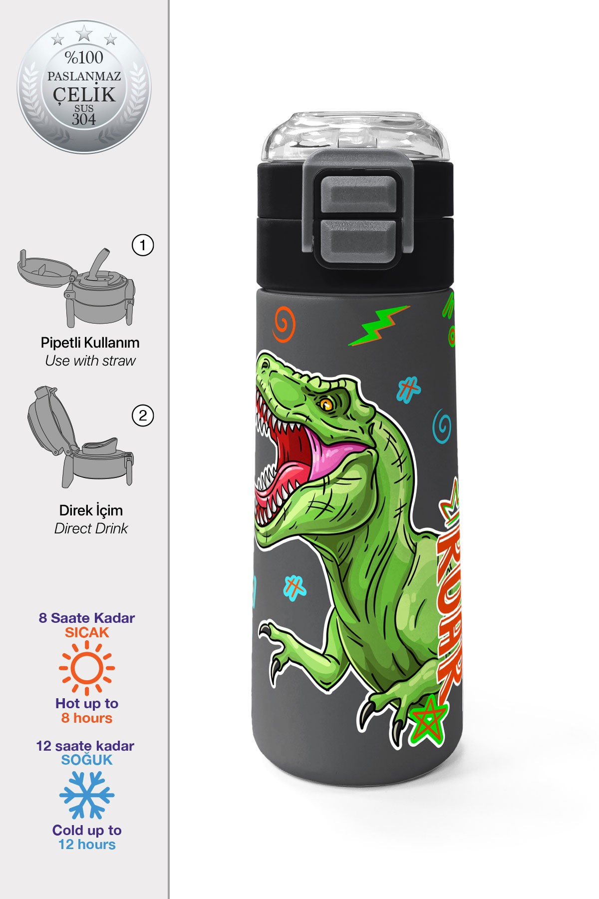 Coral High Kids Siyah Gri Dinozor Desenli Pipetli ve Direkt İçim Çelik Termos 500 ml 31946