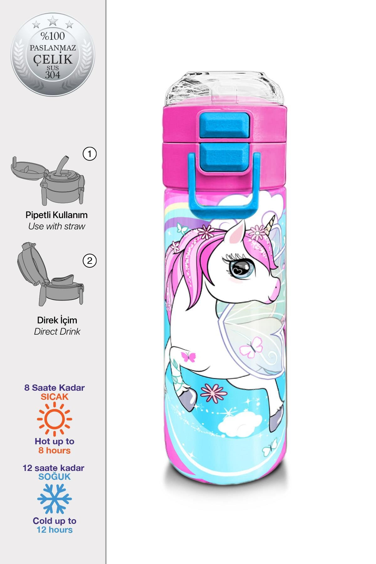 Coral High Kids Mavi Neon Pembe Unicorn Desenli Pipetli ve Direkt İçim Çelik Termos 500 ml 31925